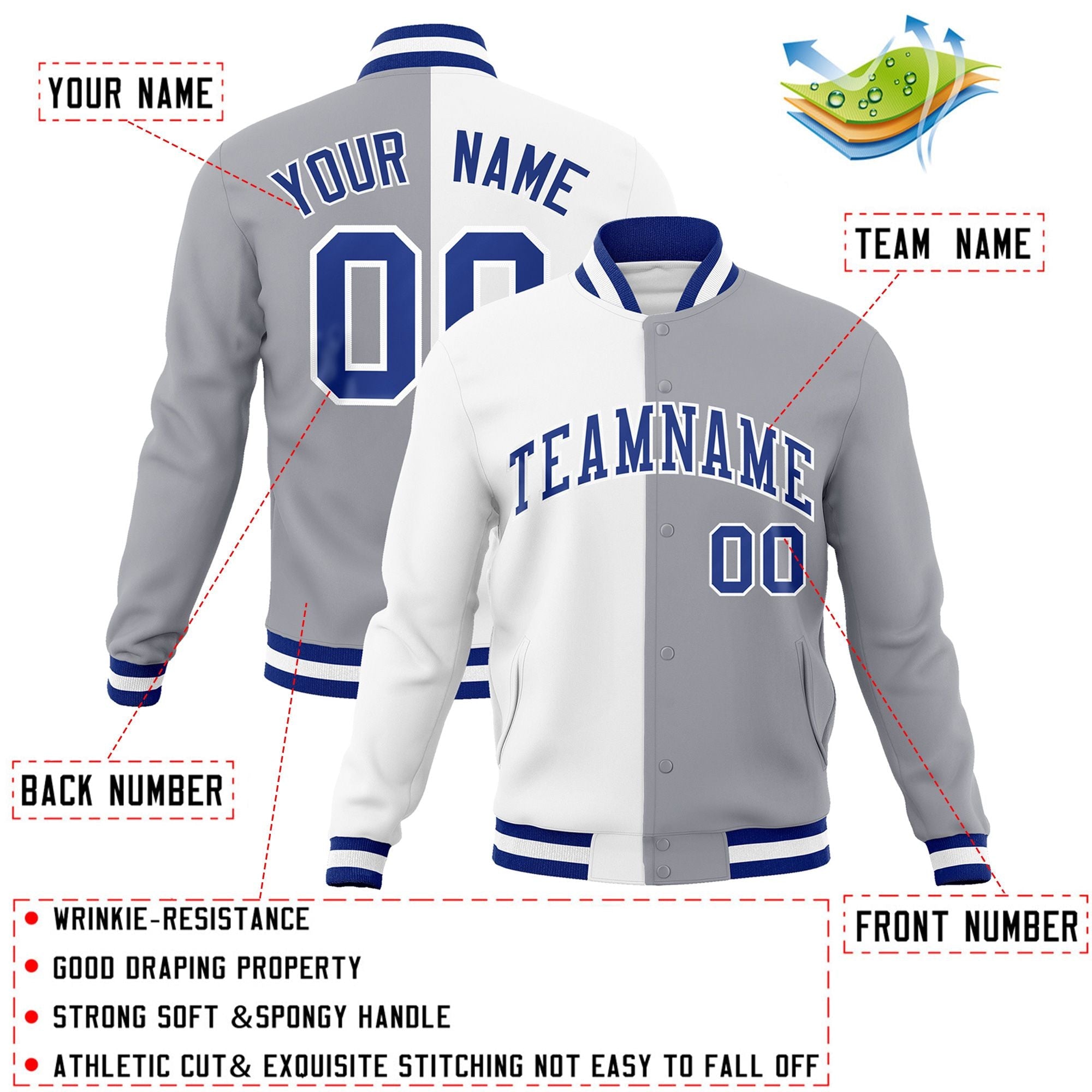 Veste de mode fendue bicolore personnalisée blanc gris-Royal Varsity Full-Snap Letterman