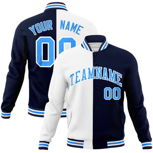 Custom White Navy-Powder Blue Varsity Full-Snap Letterman Two Tone Split Fashion Jacket