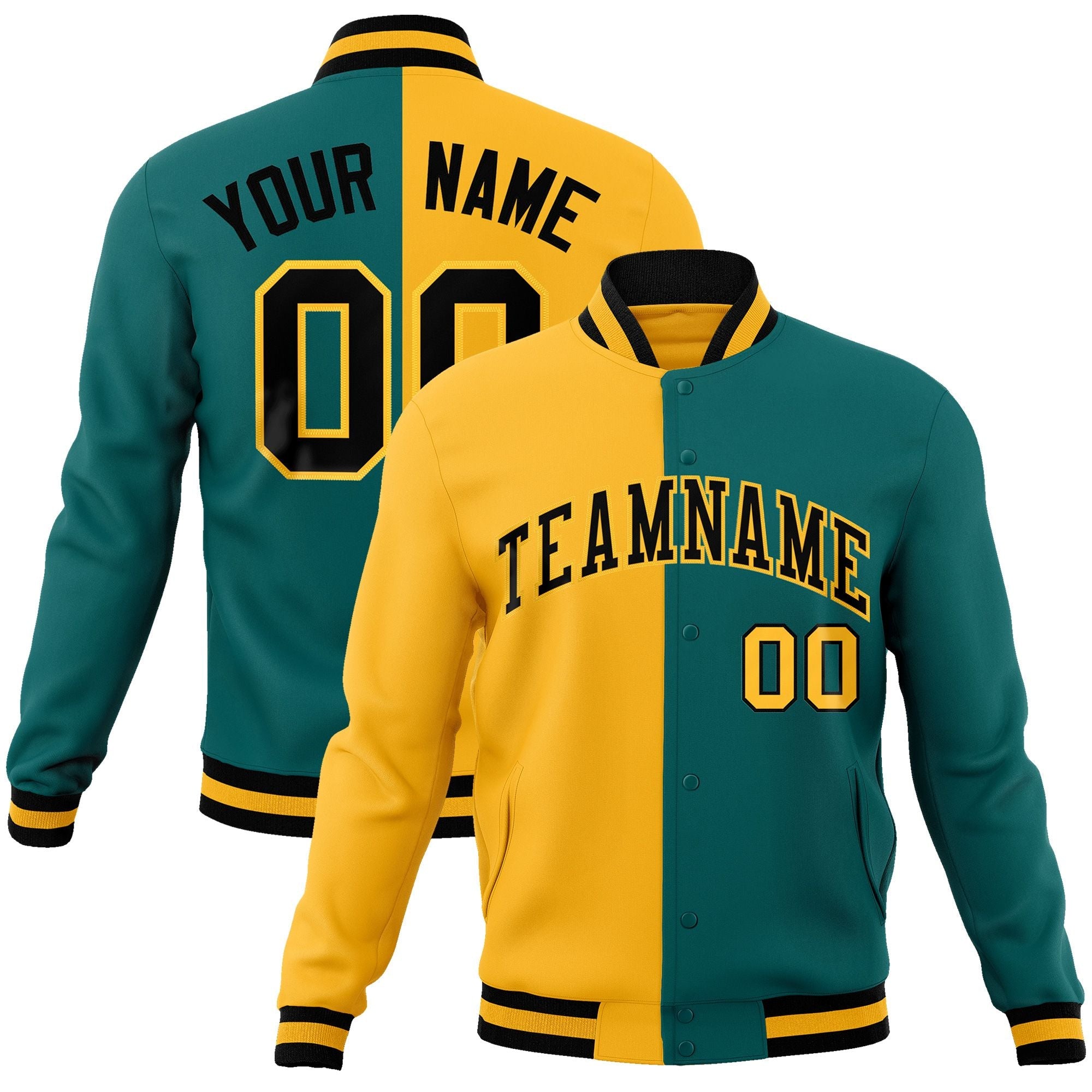 Custom Gold Aqua-Black Varsity Full-Snap Letterman Two Tone Split Fashion Jacket