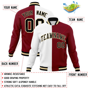 Custom White Crimson-Black Varsity Full-Snap Letterman Two Tone Split Fashion Jacket