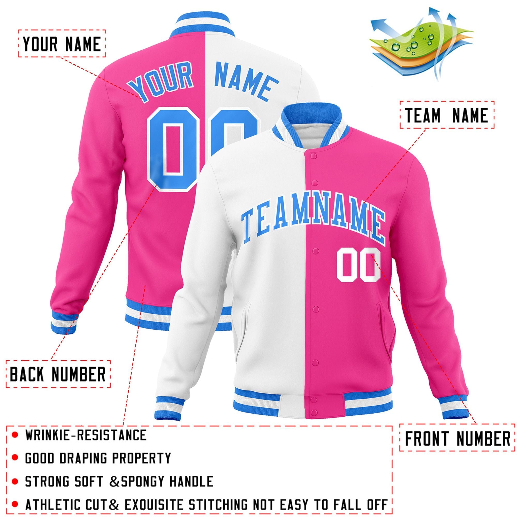 Custom White Pink-Powder Blue Varsity Full-Snap Letterman Two Tone Split Fashion Jacket