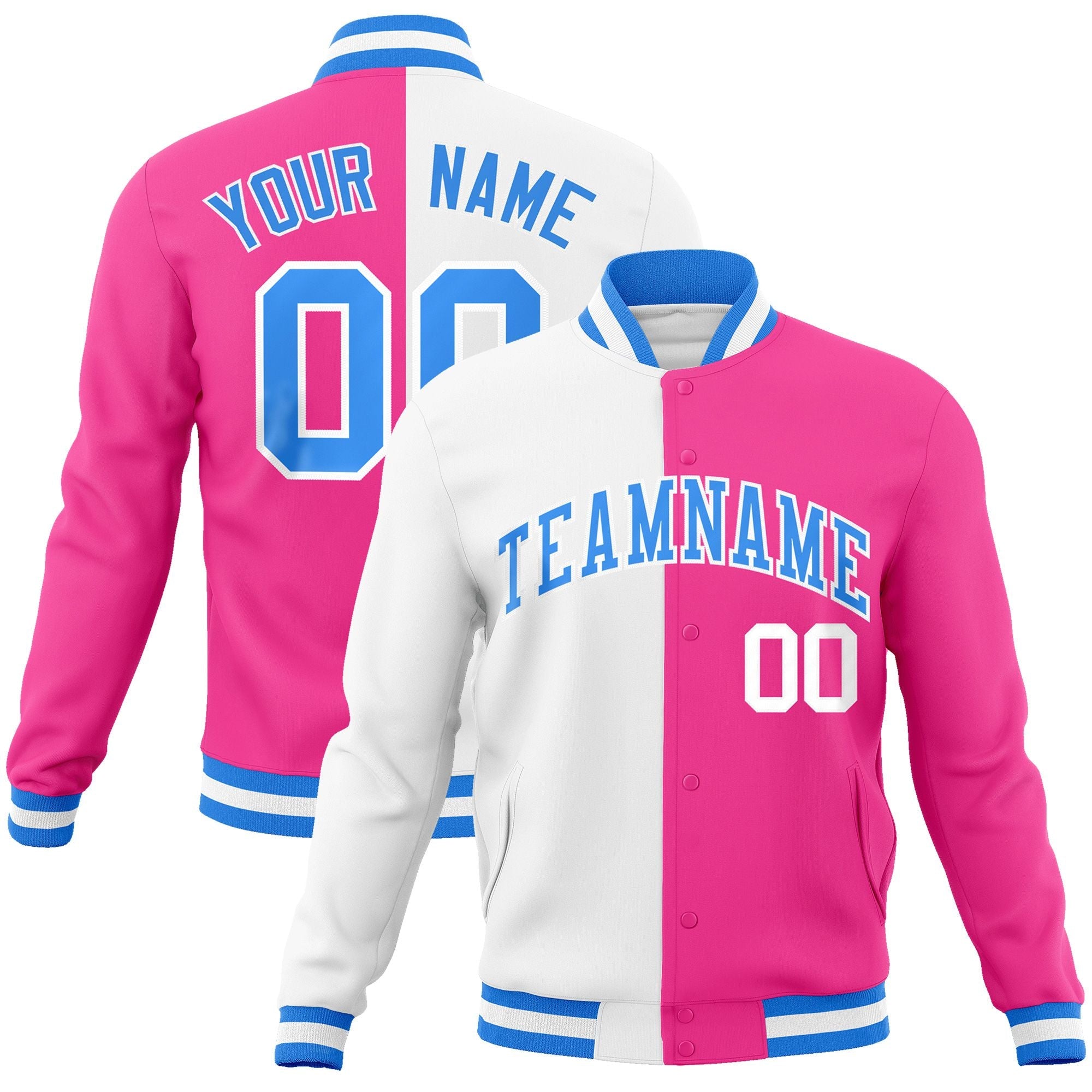 Custom White Pink-Powder Blue Varsity Full-Snap Letterman Two Tone Split Fashion Jacket