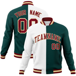 Custom White Midnight Green-Crimson Varsity Full-Snap Letterman Two Tone Split Fashion Jacket