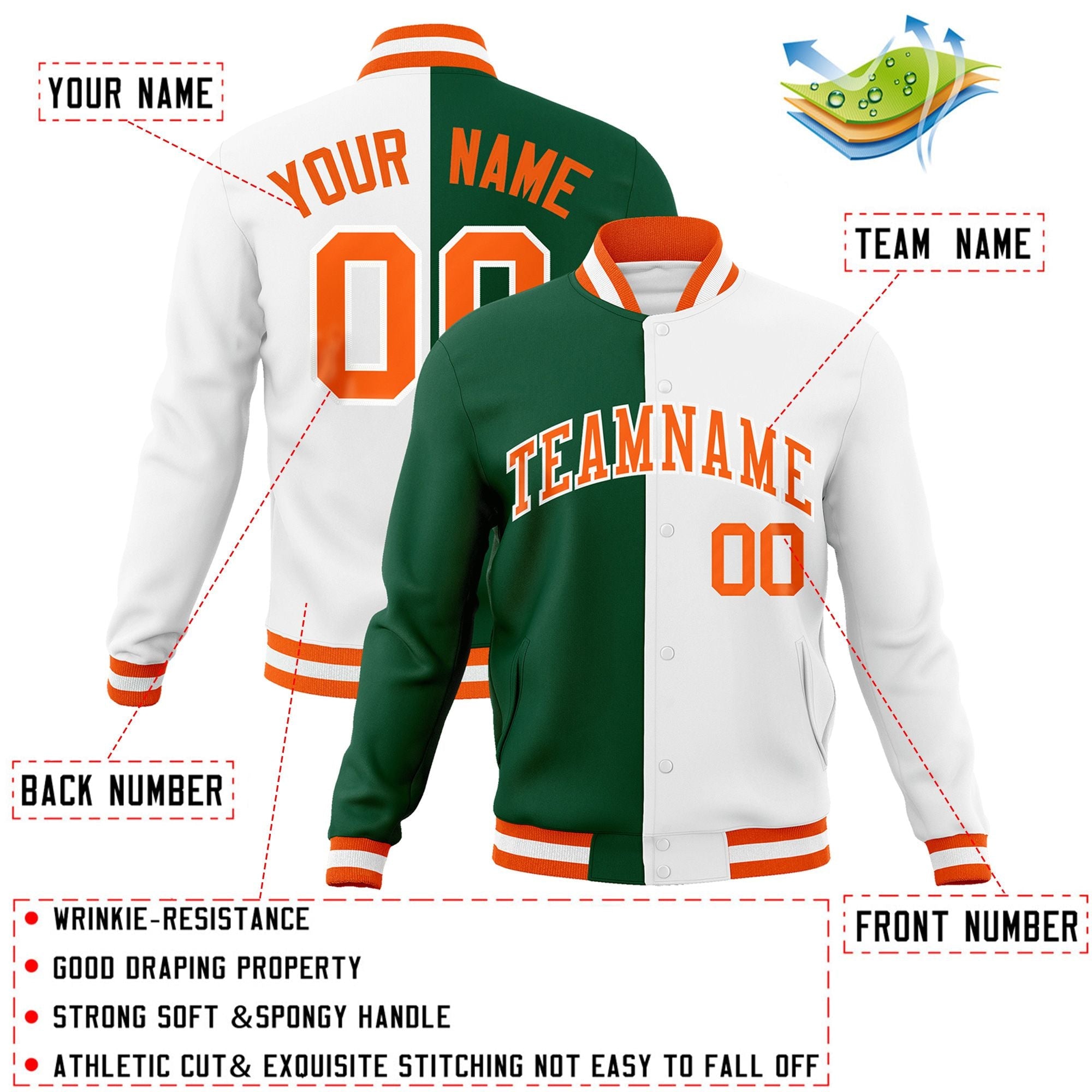 Custom Green White-Orange Varsity Full-Snap Letterman Two Tone Split Fashion Jacket