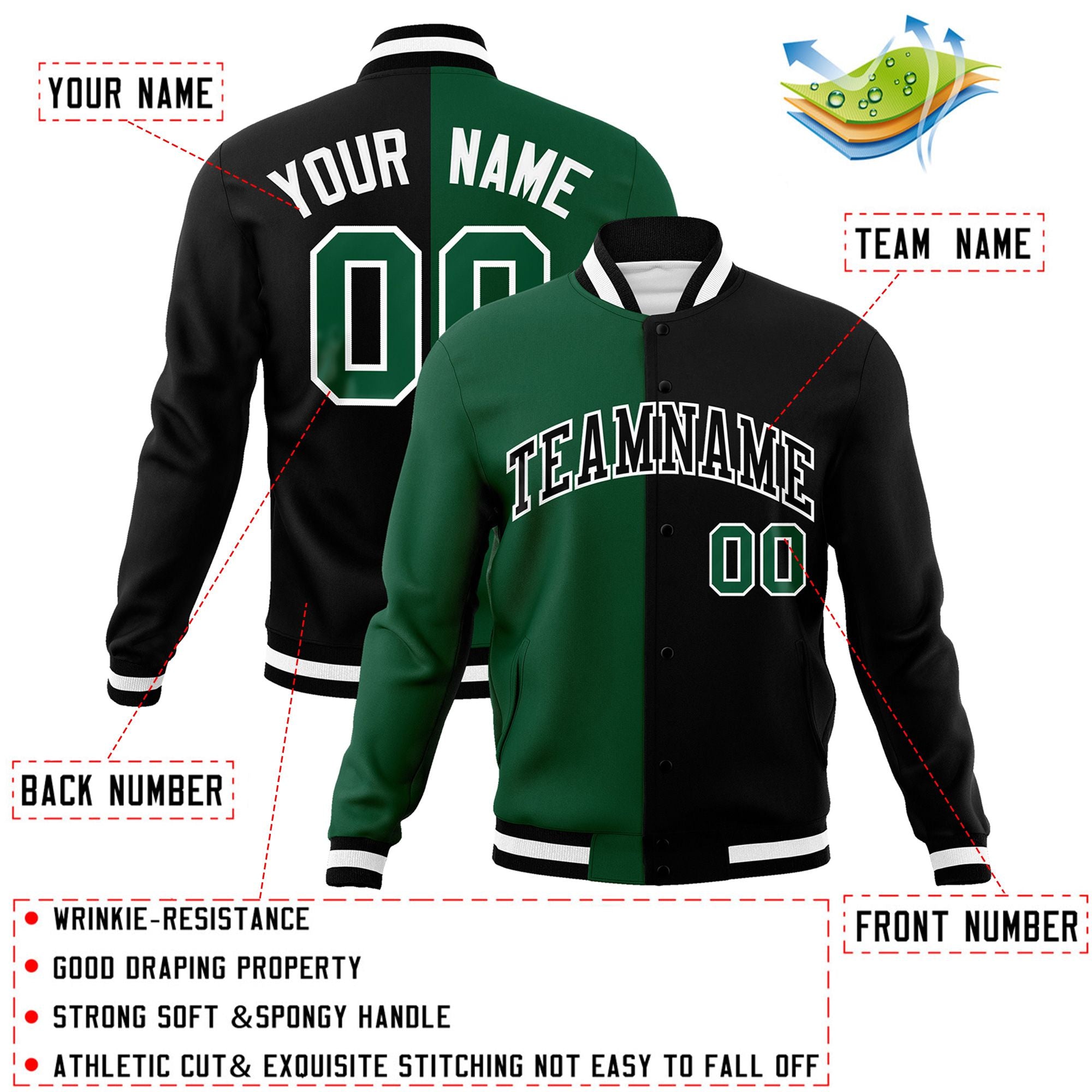 Veste de mode fendue bicolore personnalisée vert noir-noir Varsity Letterman