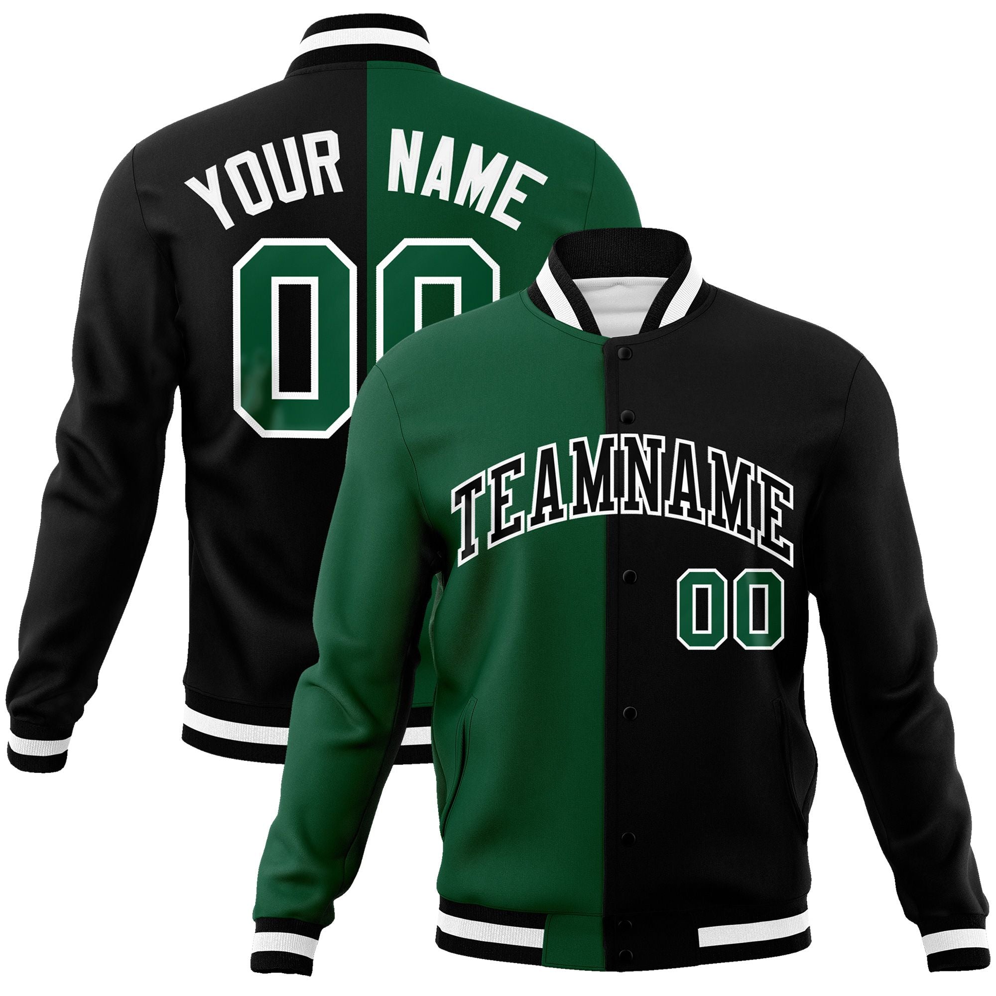 Custom Green Black-Black Varsity Full-Snap Letterman Two Tone Split Fashion Jacket