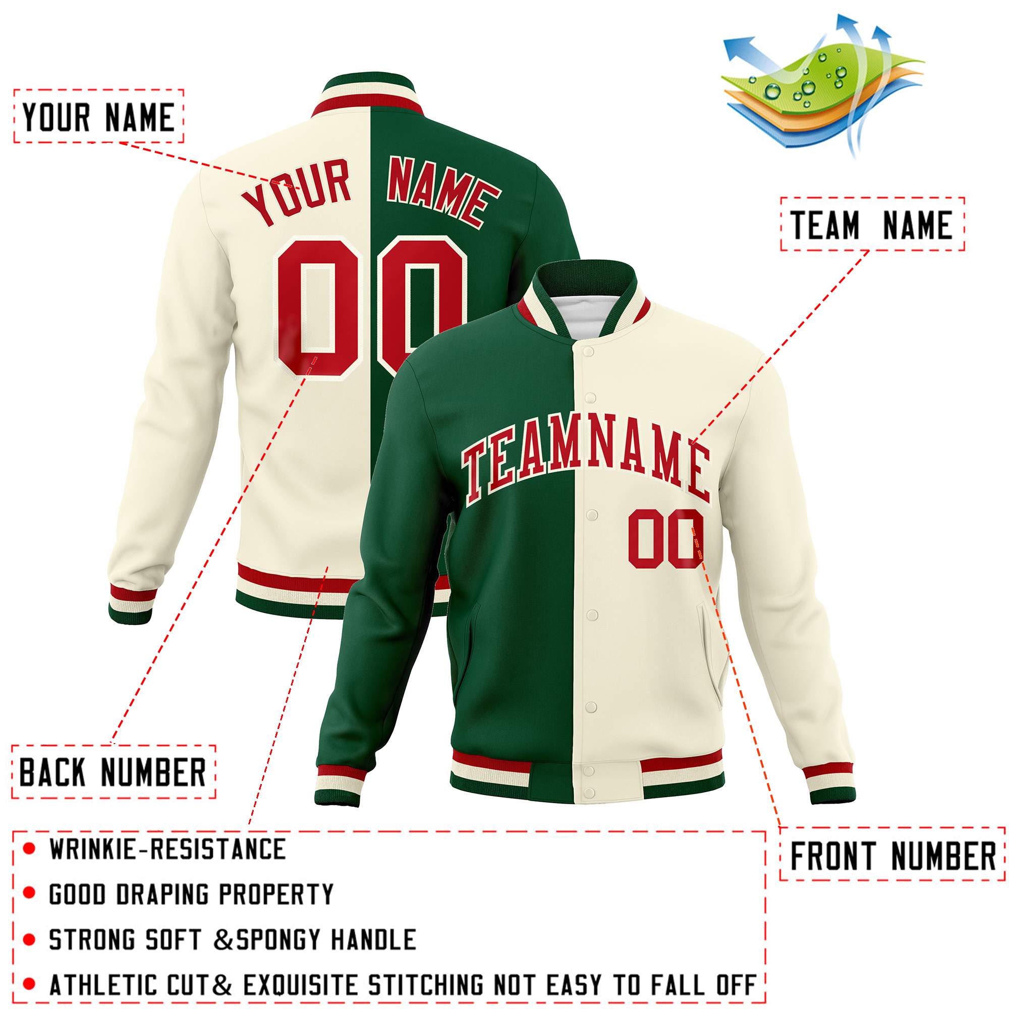 Custom Green Khaki-Red Varsity Full-Snap Letterman Two Tone Split Fashion Jacket