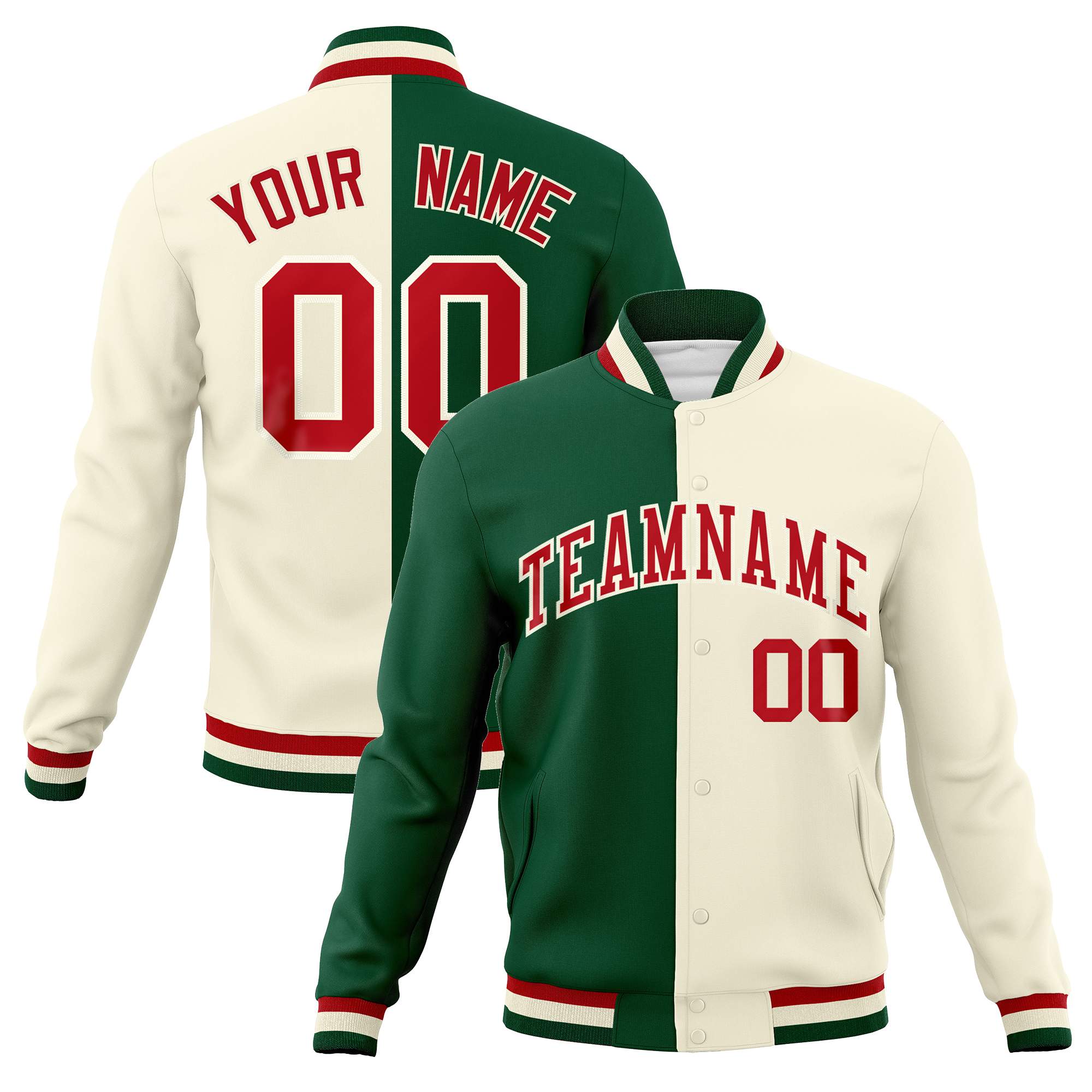 Custom Green Khaki-Red Varsity Full-Snap Letterman Two Tone Split Fashion Jacket