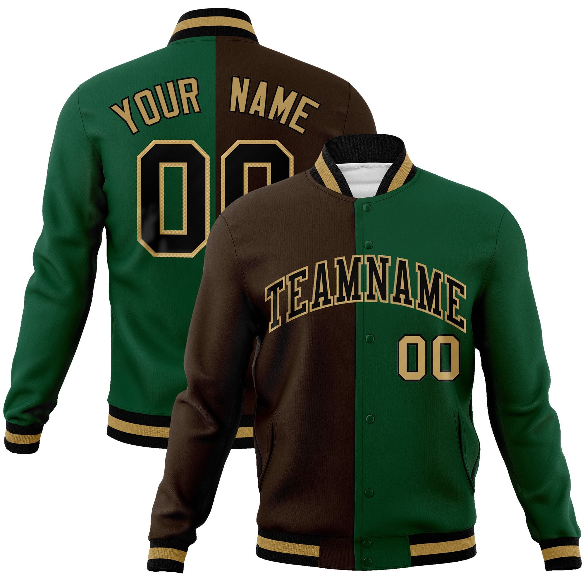 Custom Brown Green-Black Varsity Full-Snap Letterman Two Tone Split Fashion Jacket