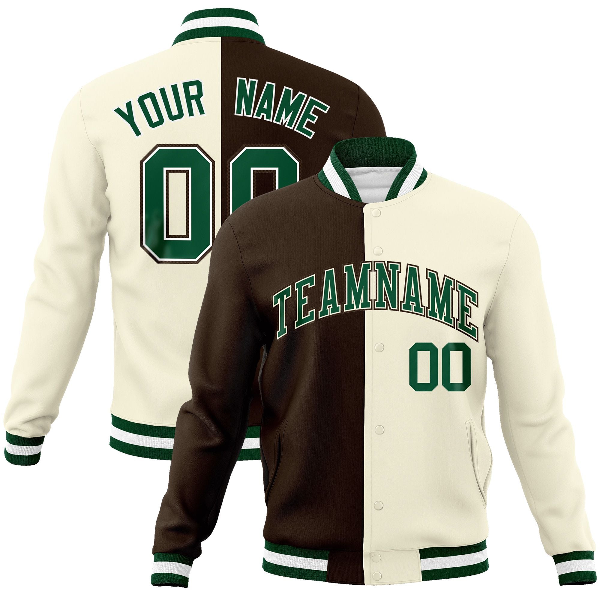 Custom Brown Khaki-Green Varsity Full-Snap Letterman Two Tone Split Fashion Jacket