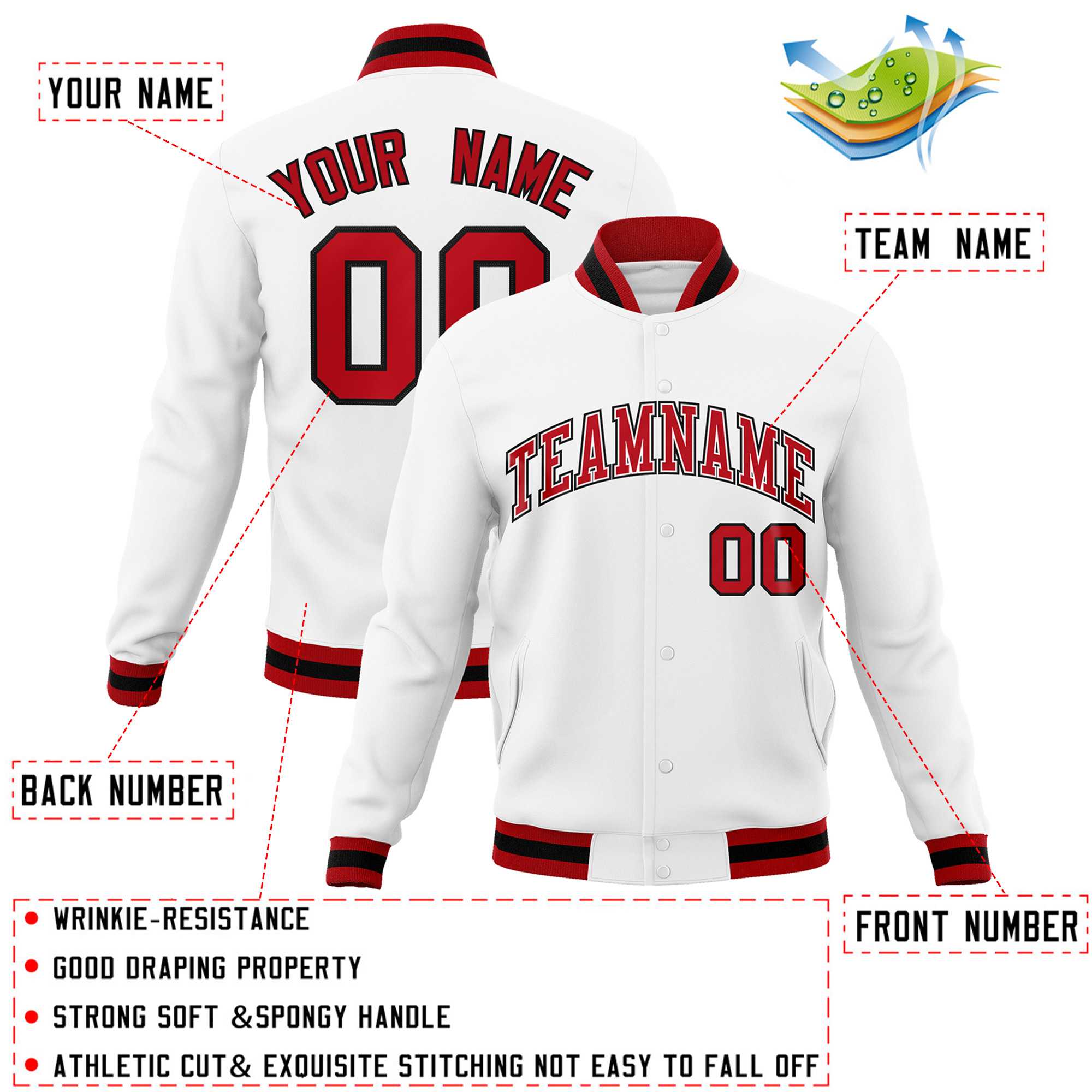 Custom White Red-Black Classic Style Varsity Full-Snap Letterman Jacket