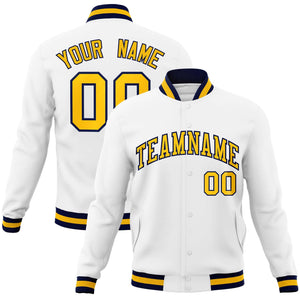 Custom White Gold-Navy Classic Style Varsity Full-Snap Letterman Jacket