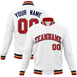 Custom White Red-Navy Classic Style Varsity Full-Snap Letterman Jacket