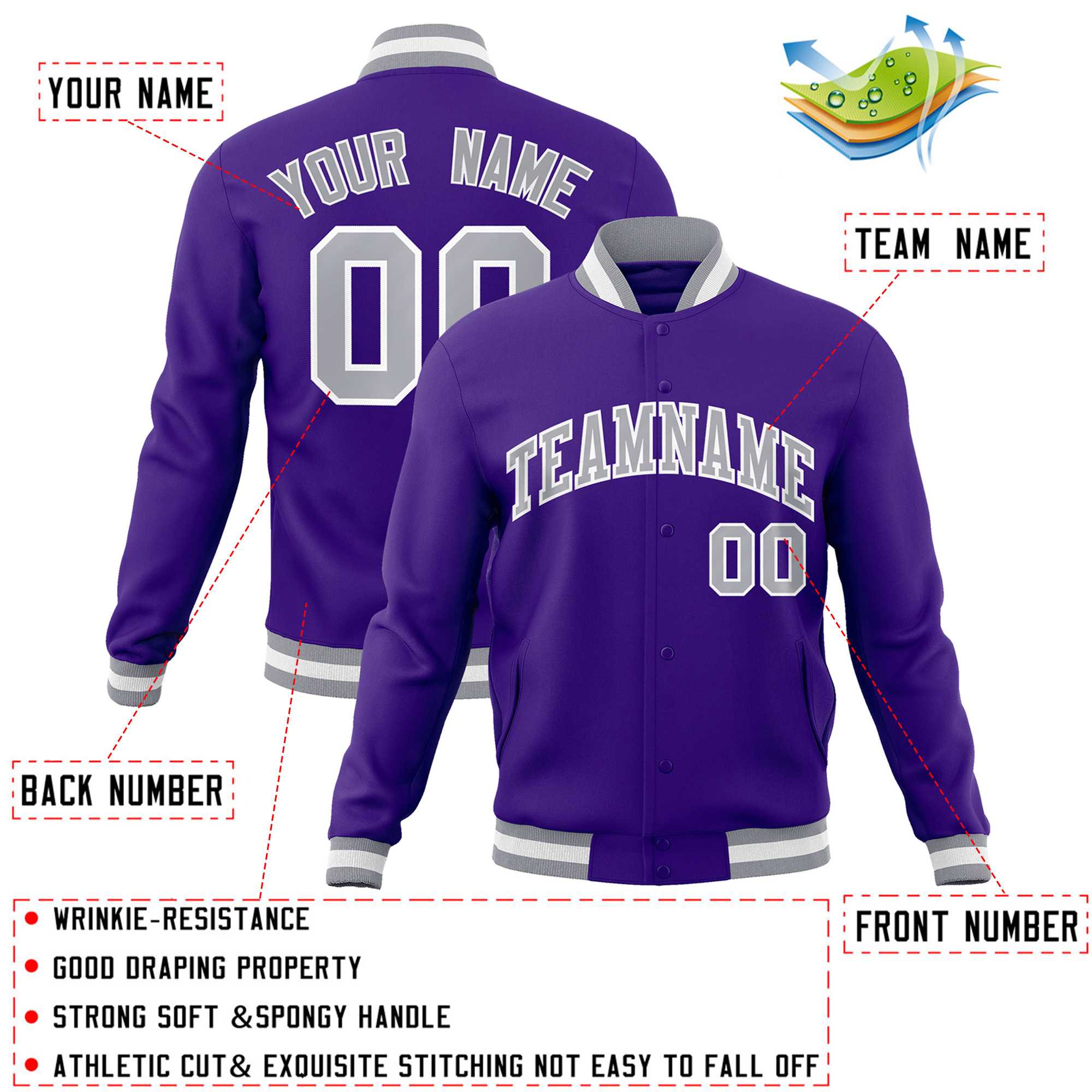 Custom Purple Gray-White Classic Style Varsity Full-Snap Letterman Jacket