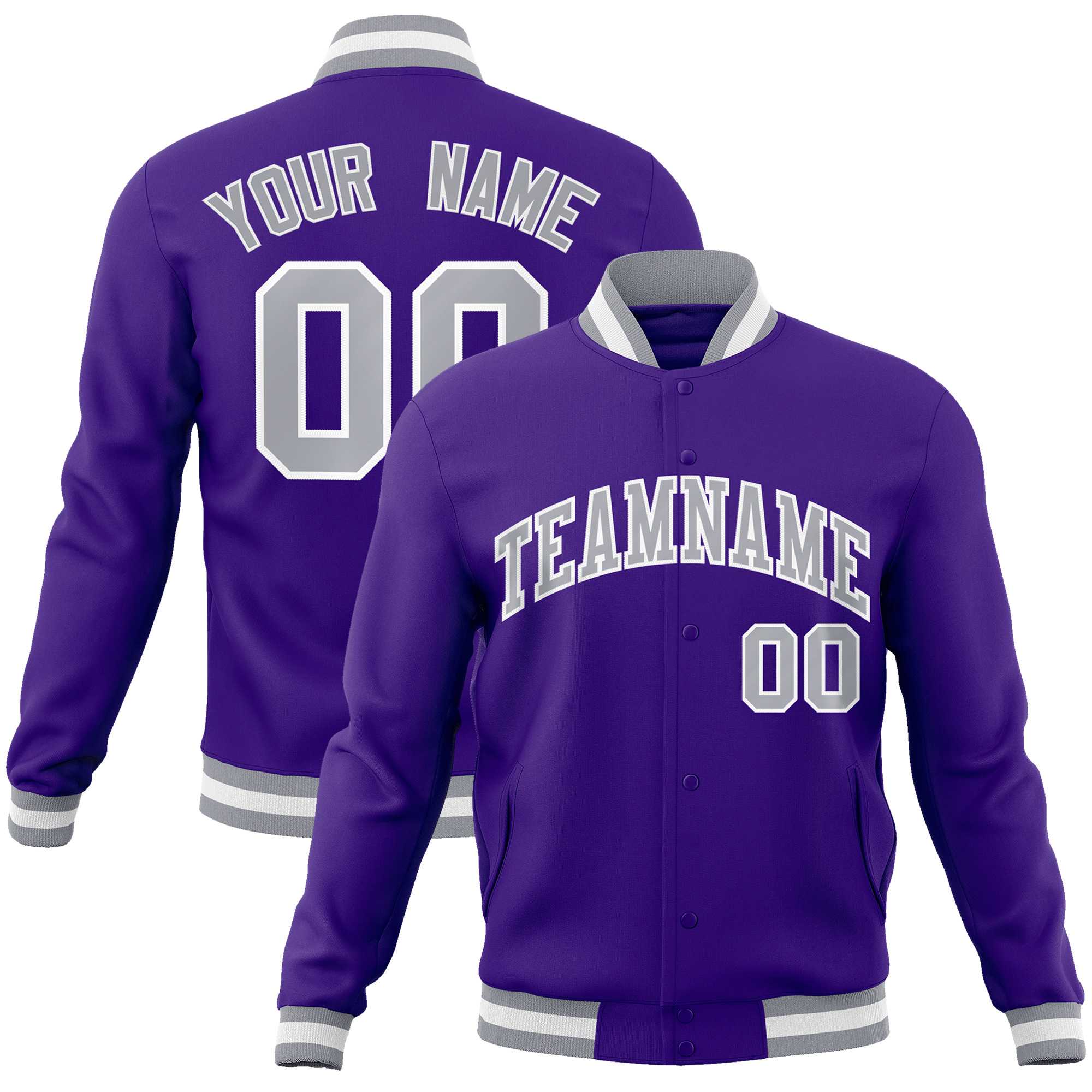 Custom Purple Gray-White Classic Style Varsity Full-Snap Letterman Jacket