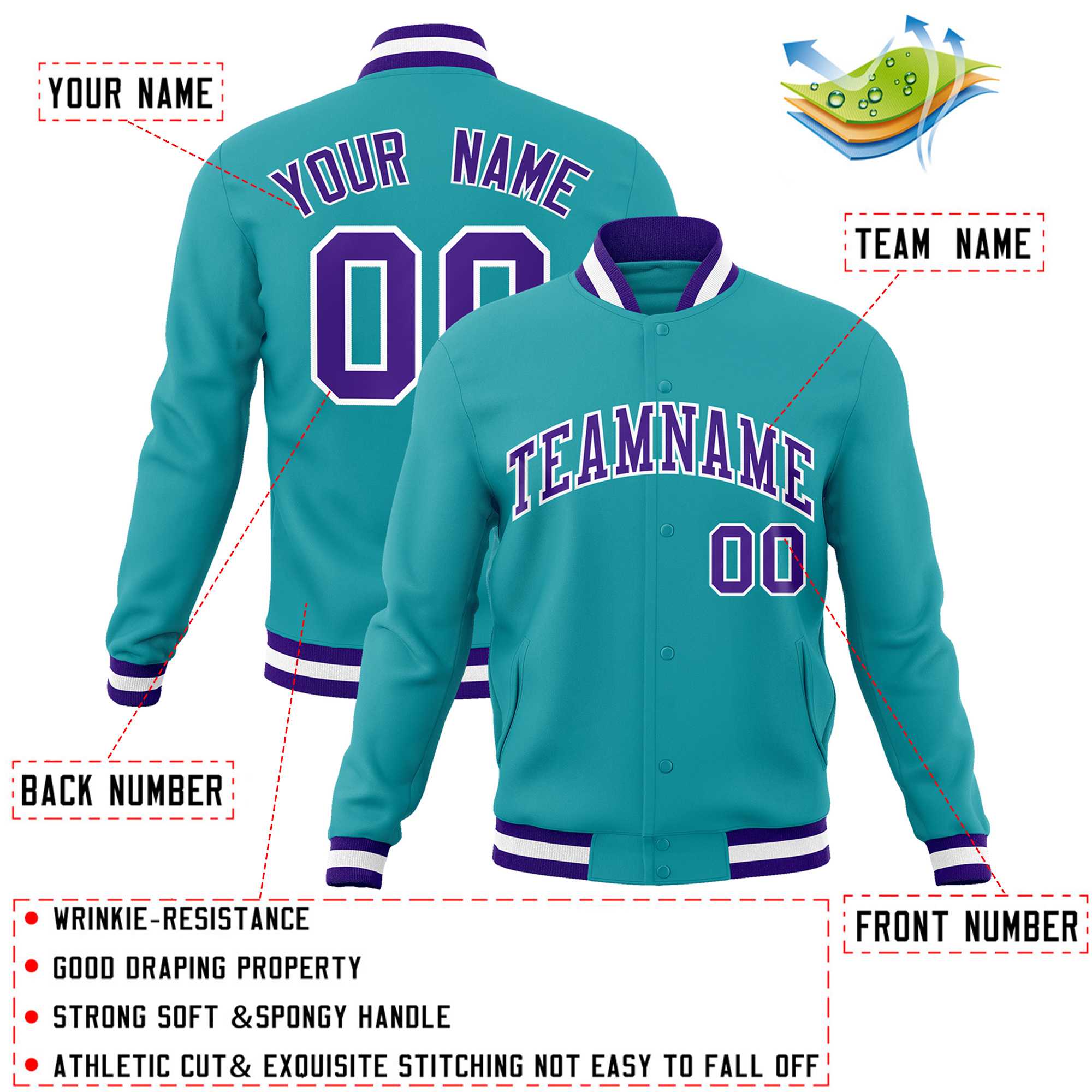 Custom Aqua Purple-White Classic Style Varsity Full-Snap Letterman Jacket