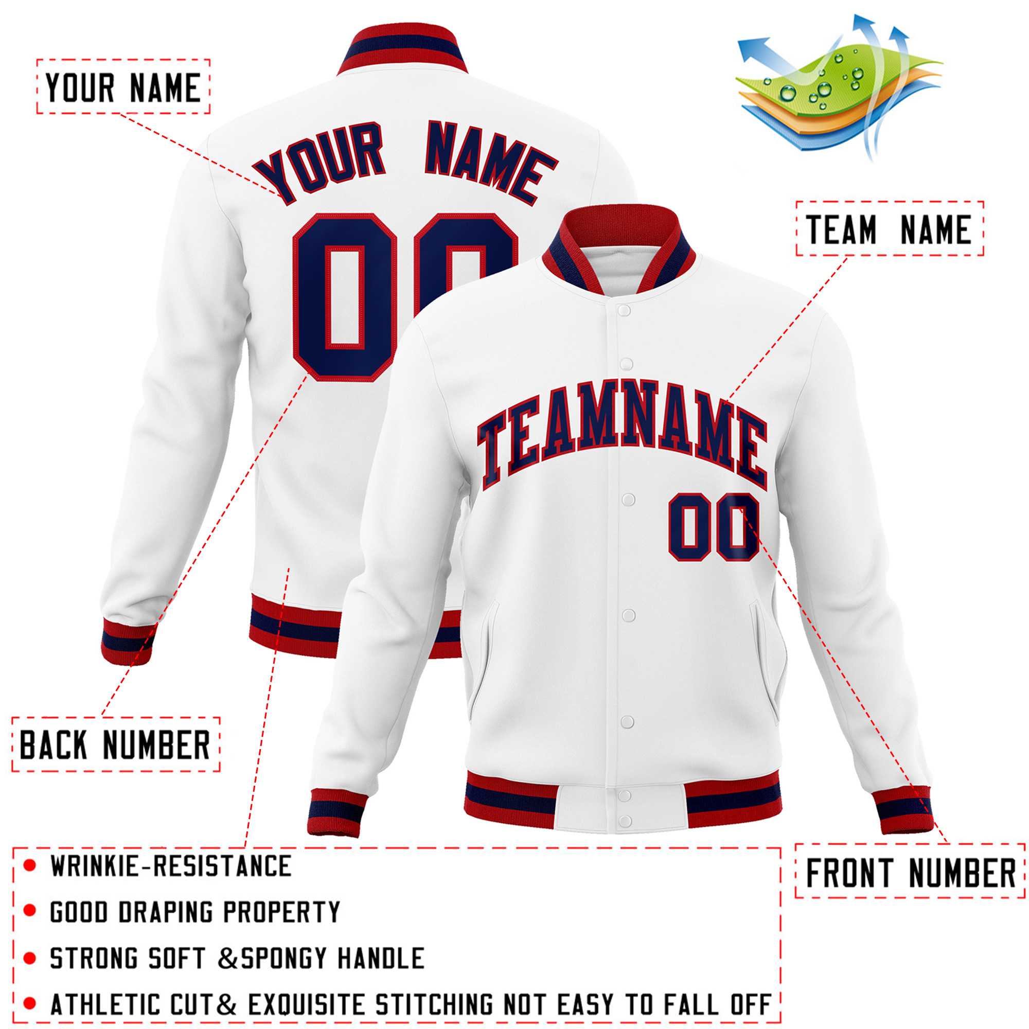 Custom White Navy-Red Classic Style Varsity Full-Snap Letterman Jacket