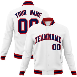 Custom White Navy-Red Classic Style Varsity Full-Snap Letterman Jacket