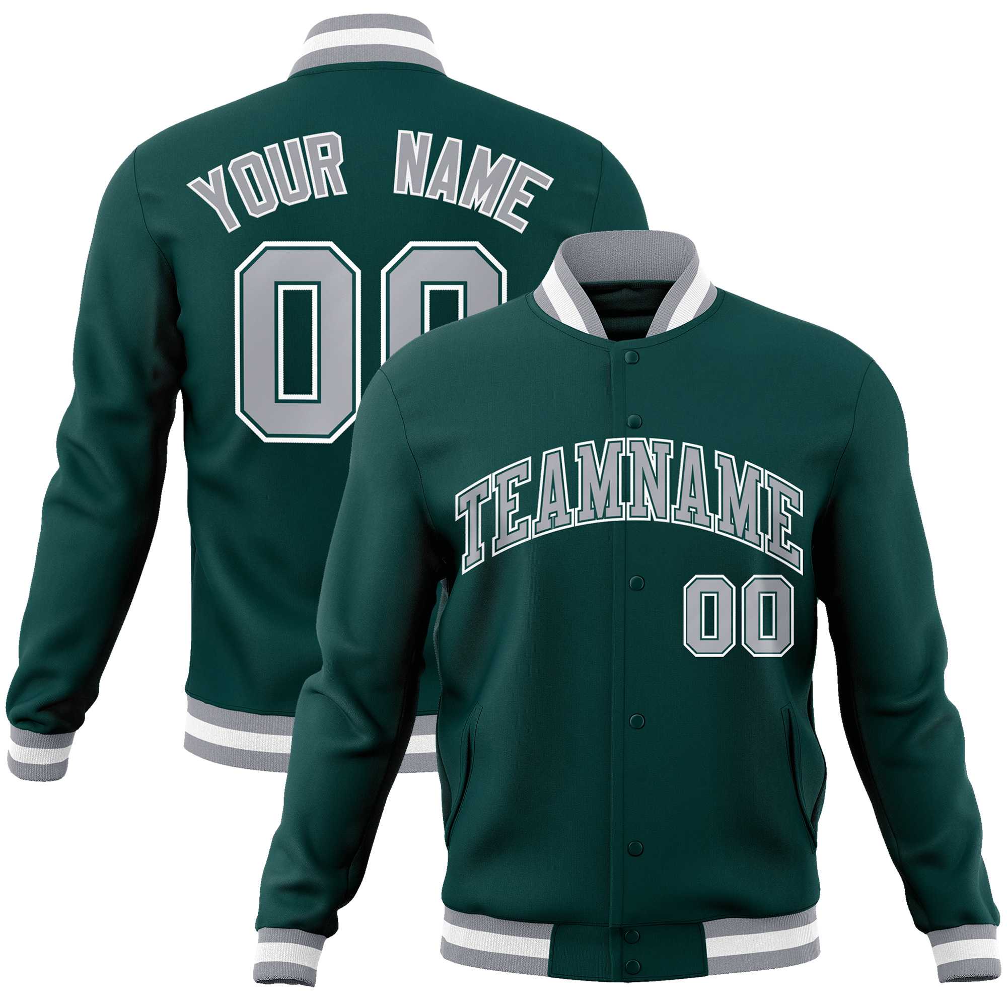 Custom Midnight Green Gray-White Classic Style Varsity Full-Snap Letterman Jacket