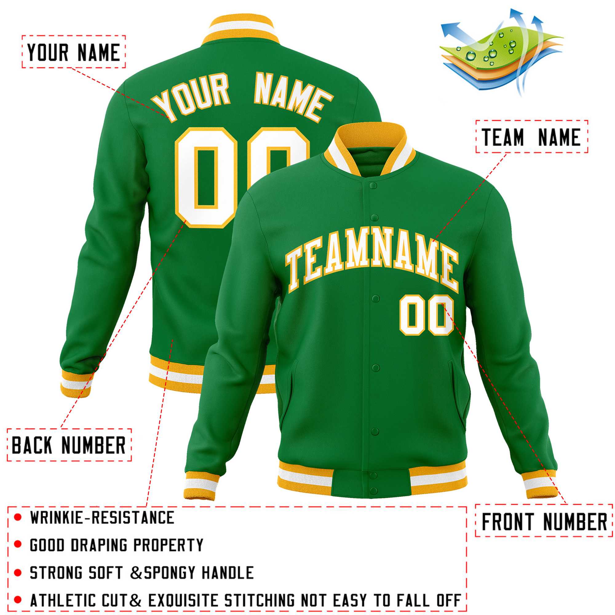 Custom Kelly Green White-Gold Classic Style Varsity Full-Snap Letterman Jacket