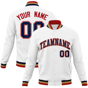 Custom White Navy-Red Classic Style Varsity Full-Snap Letterman Jacket