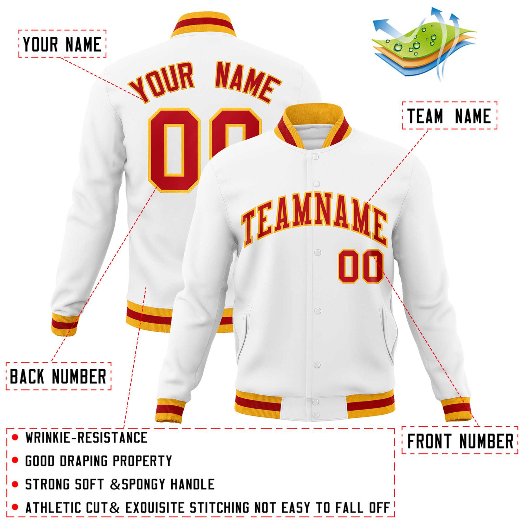 Custom White Red-Gold Classic Style Varsity Full-Snap Letterman Jacket