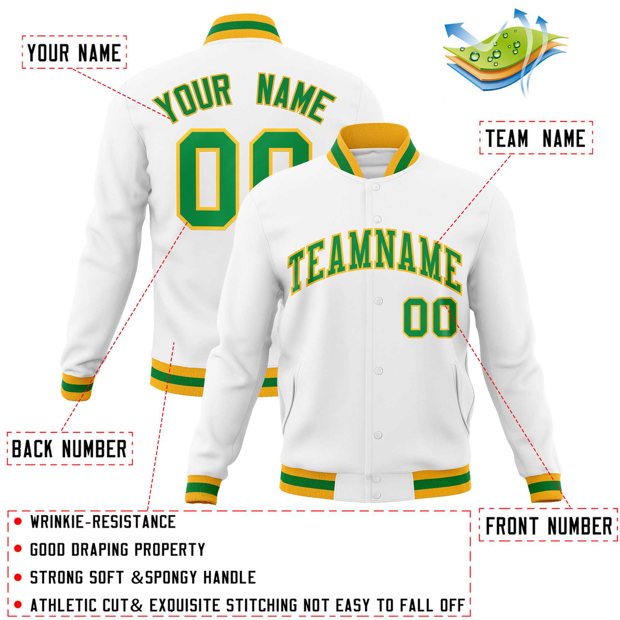 Custom White Kelly Green-Gold Classic Style Varsity Full-Snap Letterman Jacket