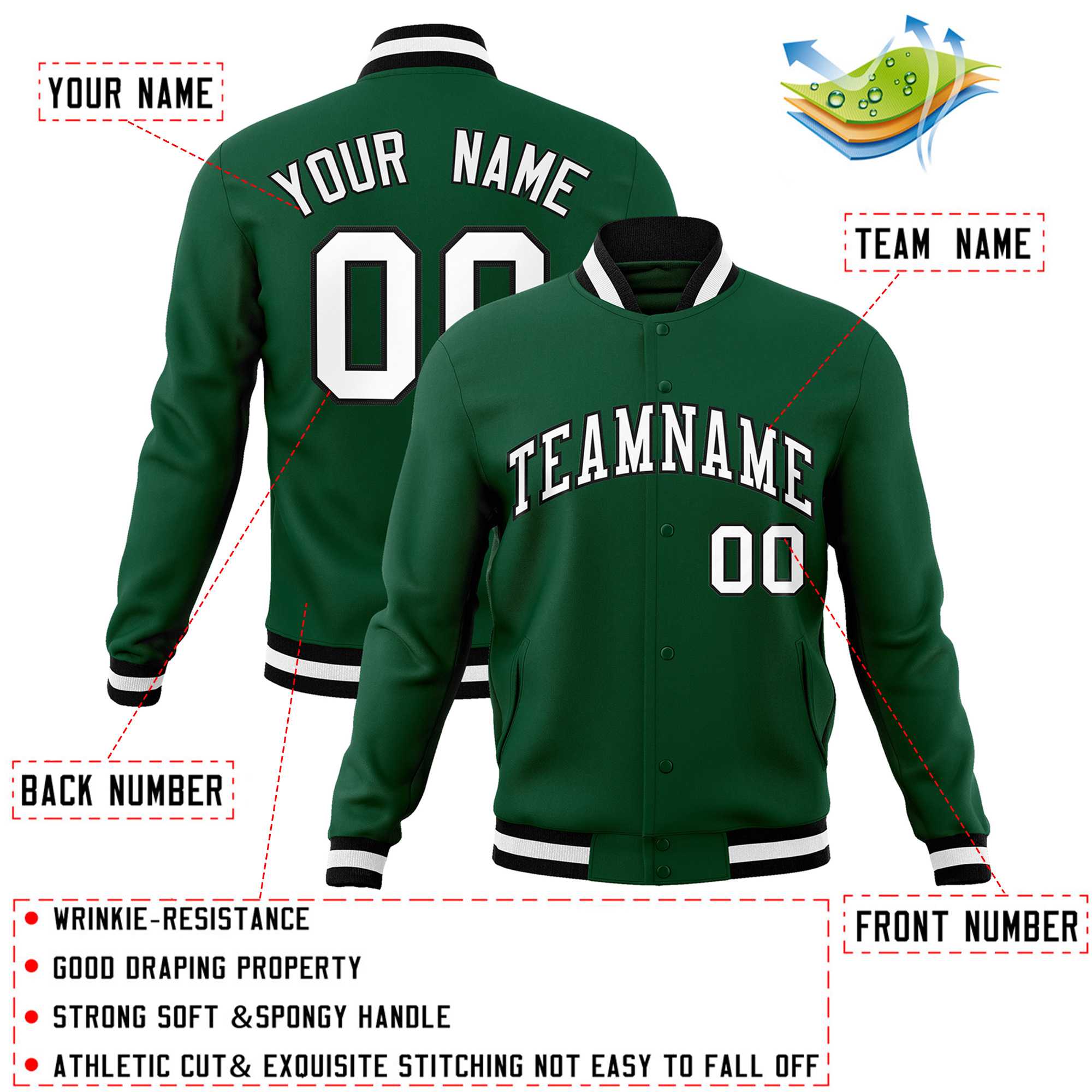 Custom Green White-Black Classic Style Varsity Full-Snap Letterman Jacket