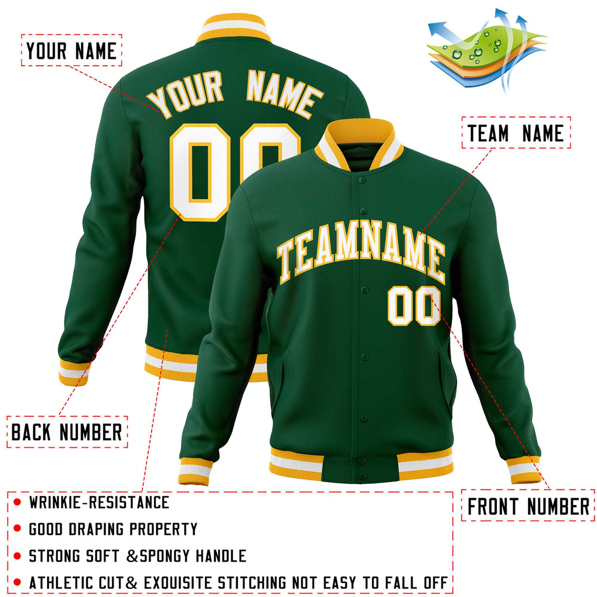 Custom Green White-Gold Classic Style Varsity Full-Snap Letterman Jacket