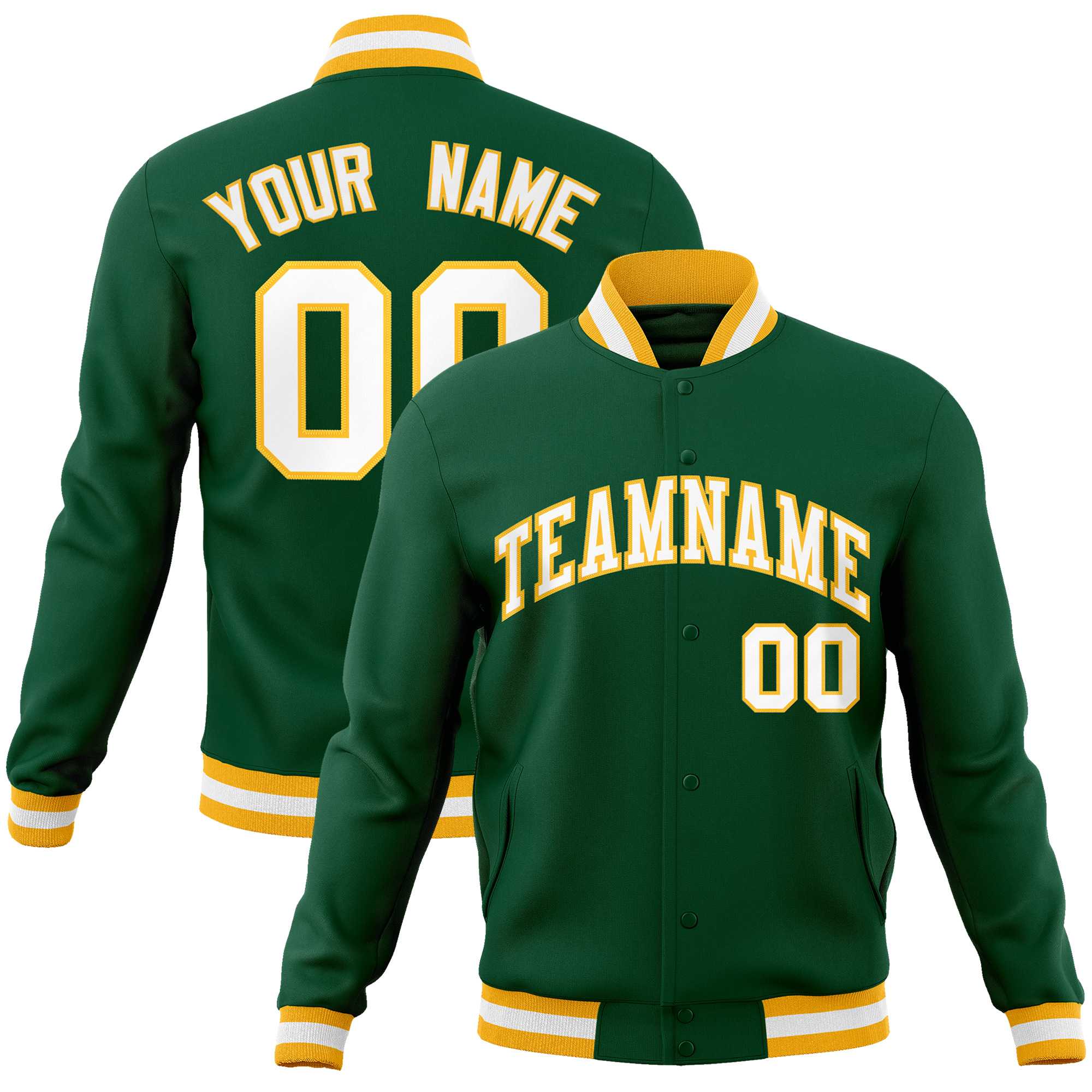 Custom Green White-Gold Classic Style Varsity Full-Snap Letterman Jacket