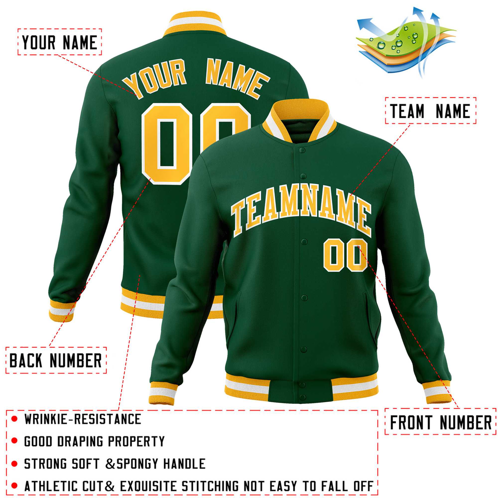 Custom Green Gold-White Classic Style Varsity Full-Snap Letterman Jacket