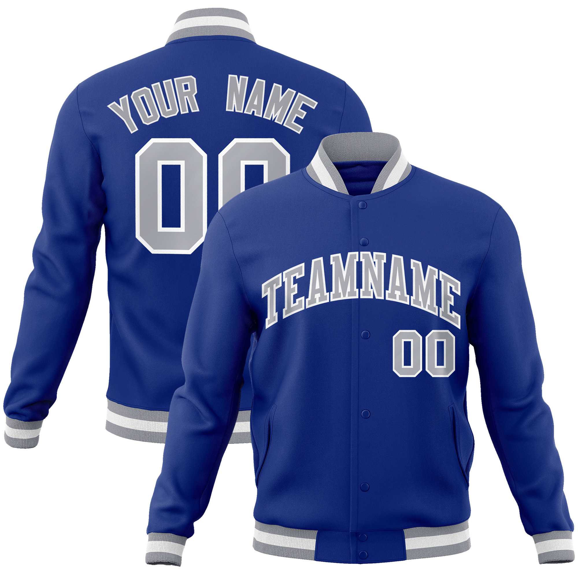 Custom Royal Gray-White Classic Style Varsity Full-Snap Letterman Jacket