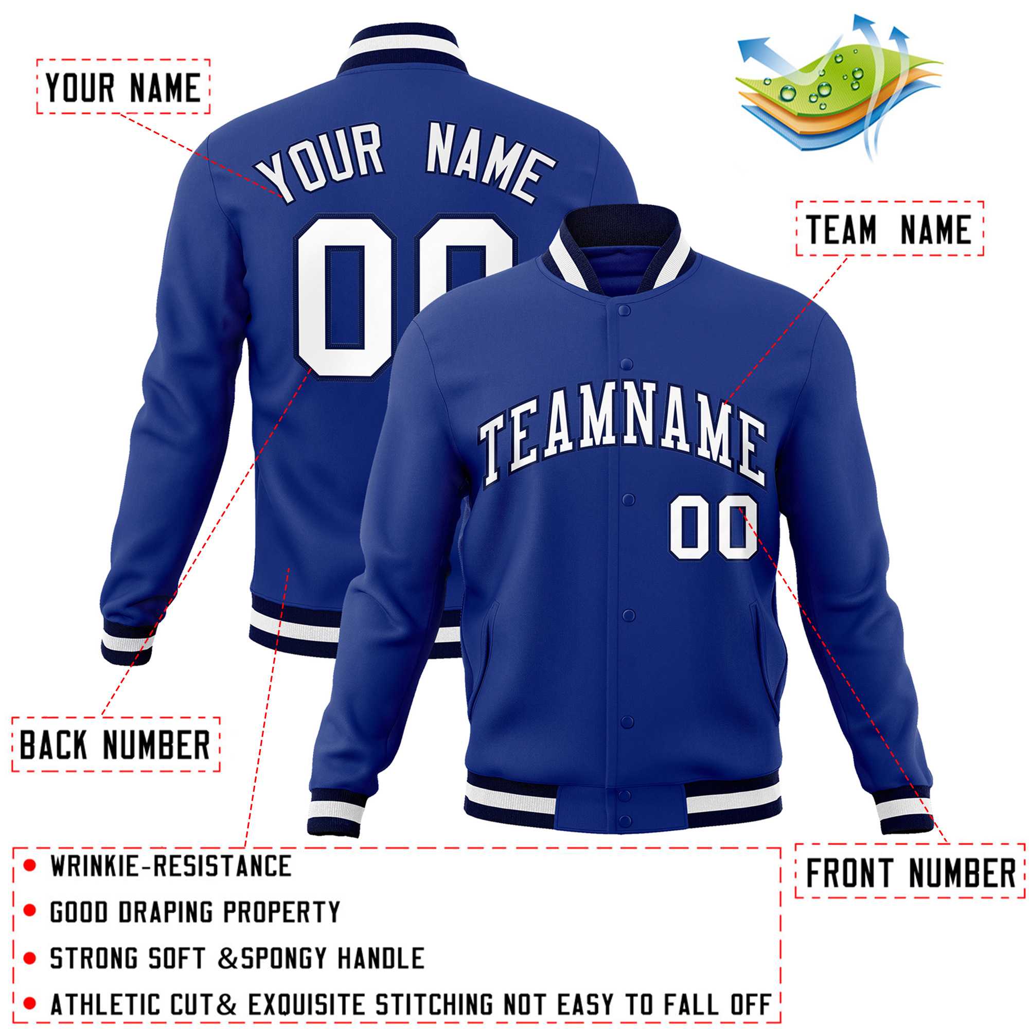 Custom Royal White-Navy Classic Style Varsity Full-Snap Letterman Jacket