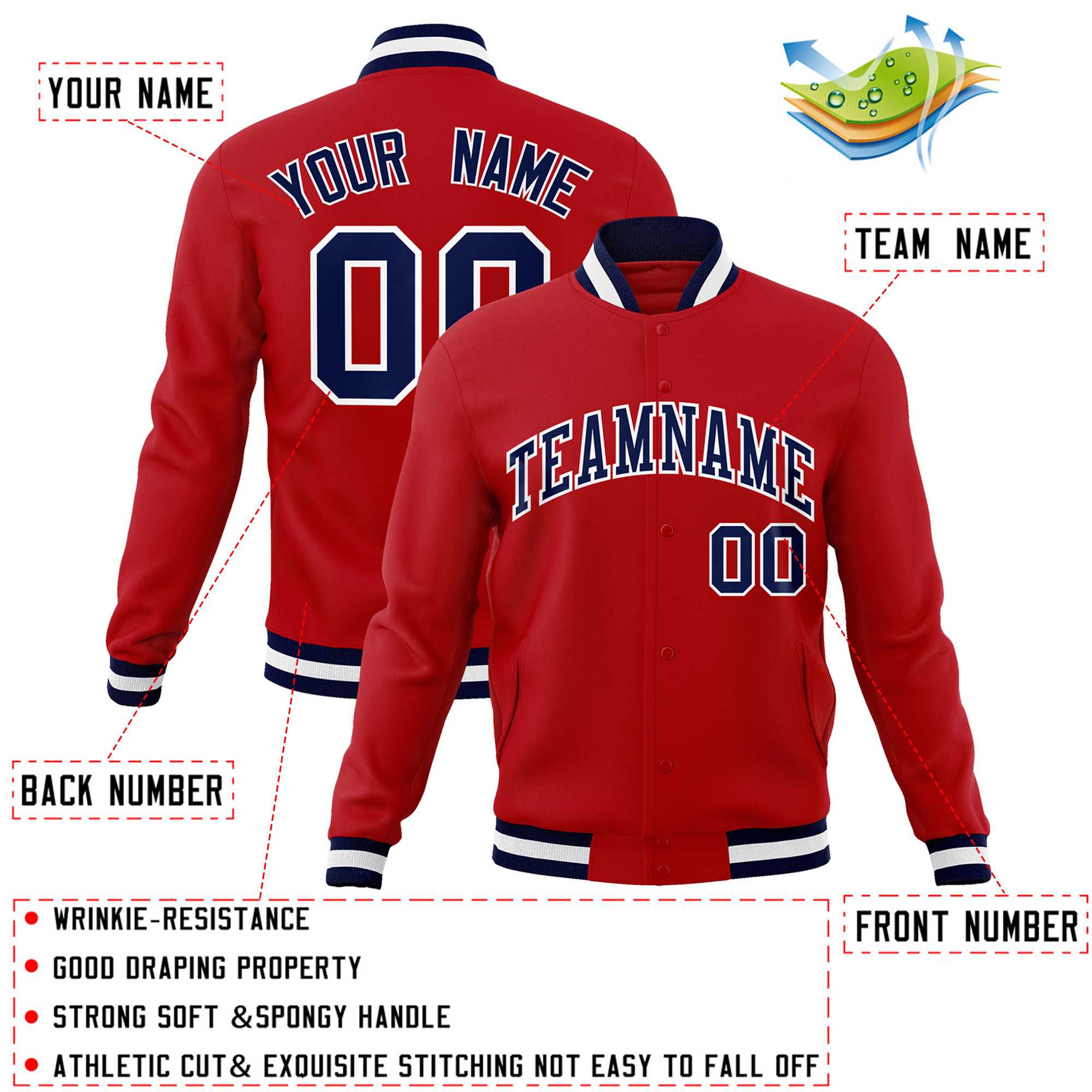 Custom Red Navy-White Classic Style Varsity Full-Snap Letterman Jacket