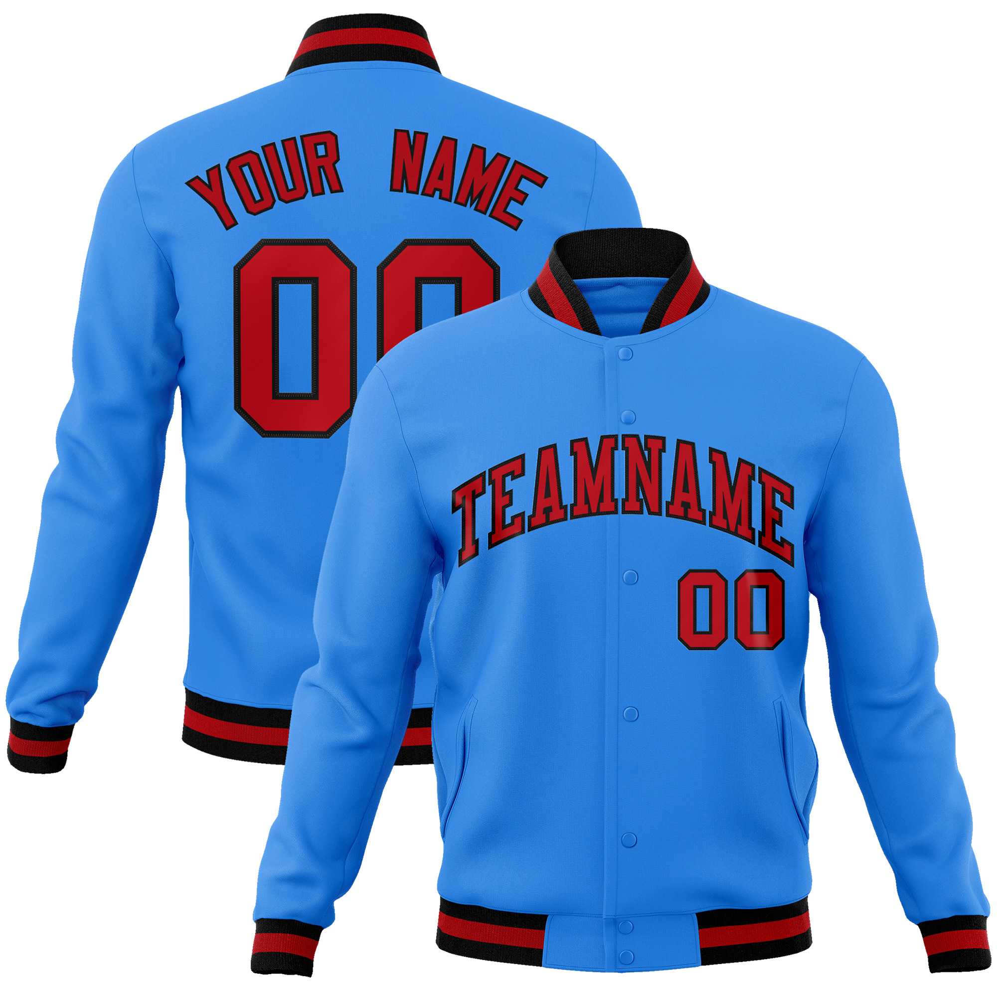 Custom Powder Blue Red-Black Classic Style Varsity Full-Snap Letterman Jacket