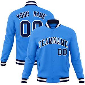 Custom Powder Blue Navy-White Classic Style Varsity Full-Snap Letterman Jacket