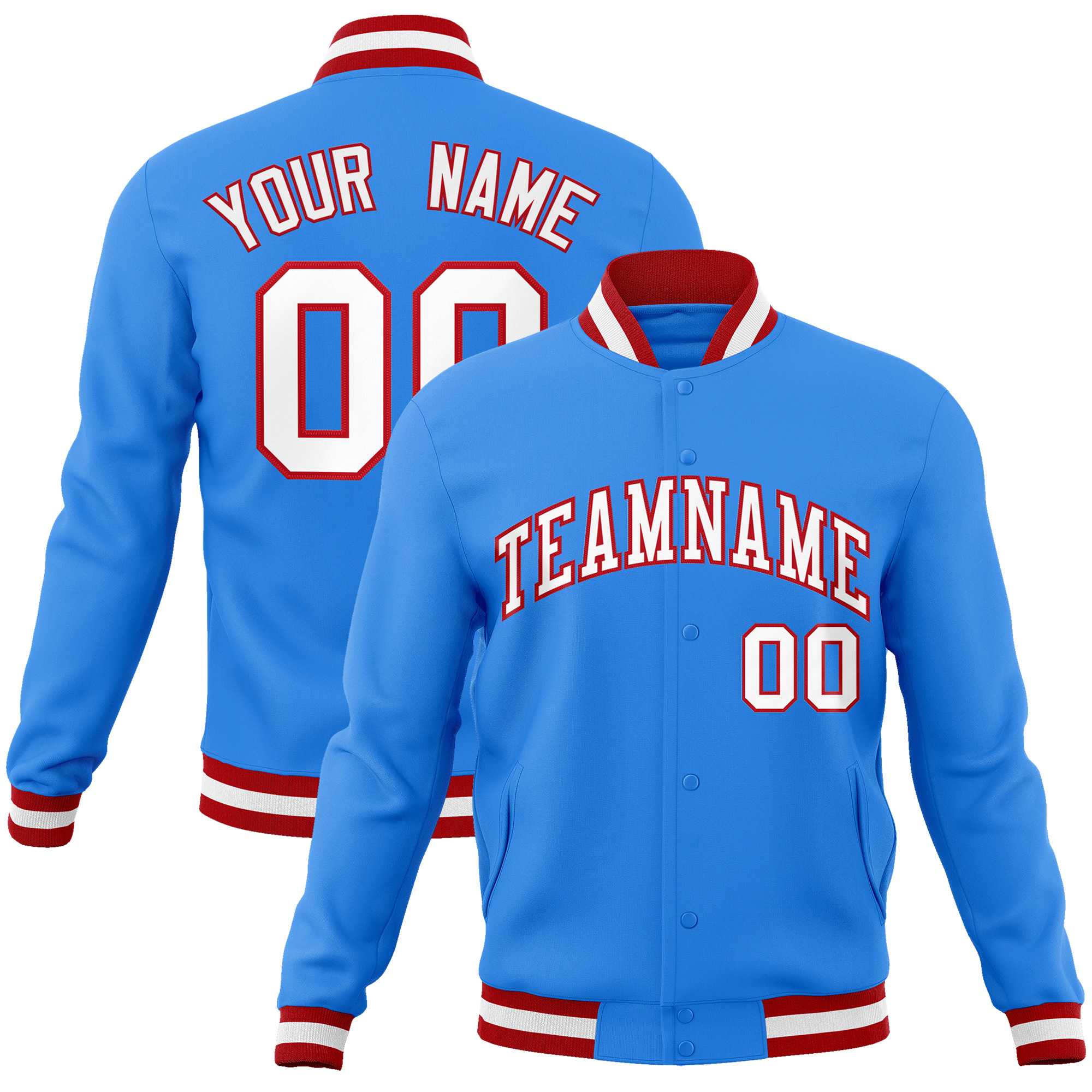 Custom Powder Blue White-Red Classic Style Varsity Full-Snap Letterman Jacket