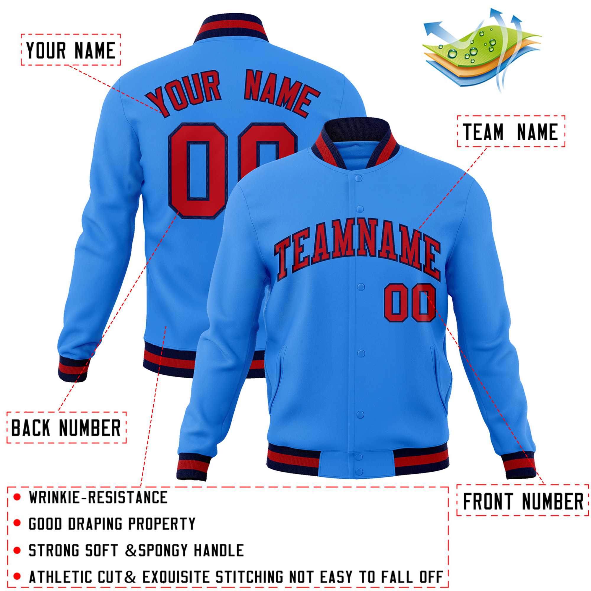 Custom Powder Blue Red-Navy Classic Style Varsity Full-Snap Letterman Jacket