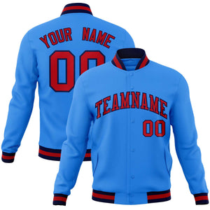 Custom Powder Blue Red-Navy Classic Style Varsity Full-Snap Letterman Jacket