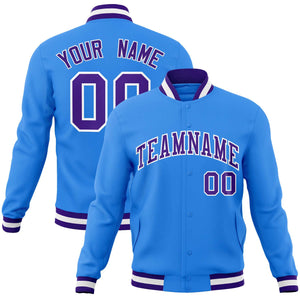 Custom Powder Blue Purple-White Classic Style Varsity Full-Snap Letterman Jacket