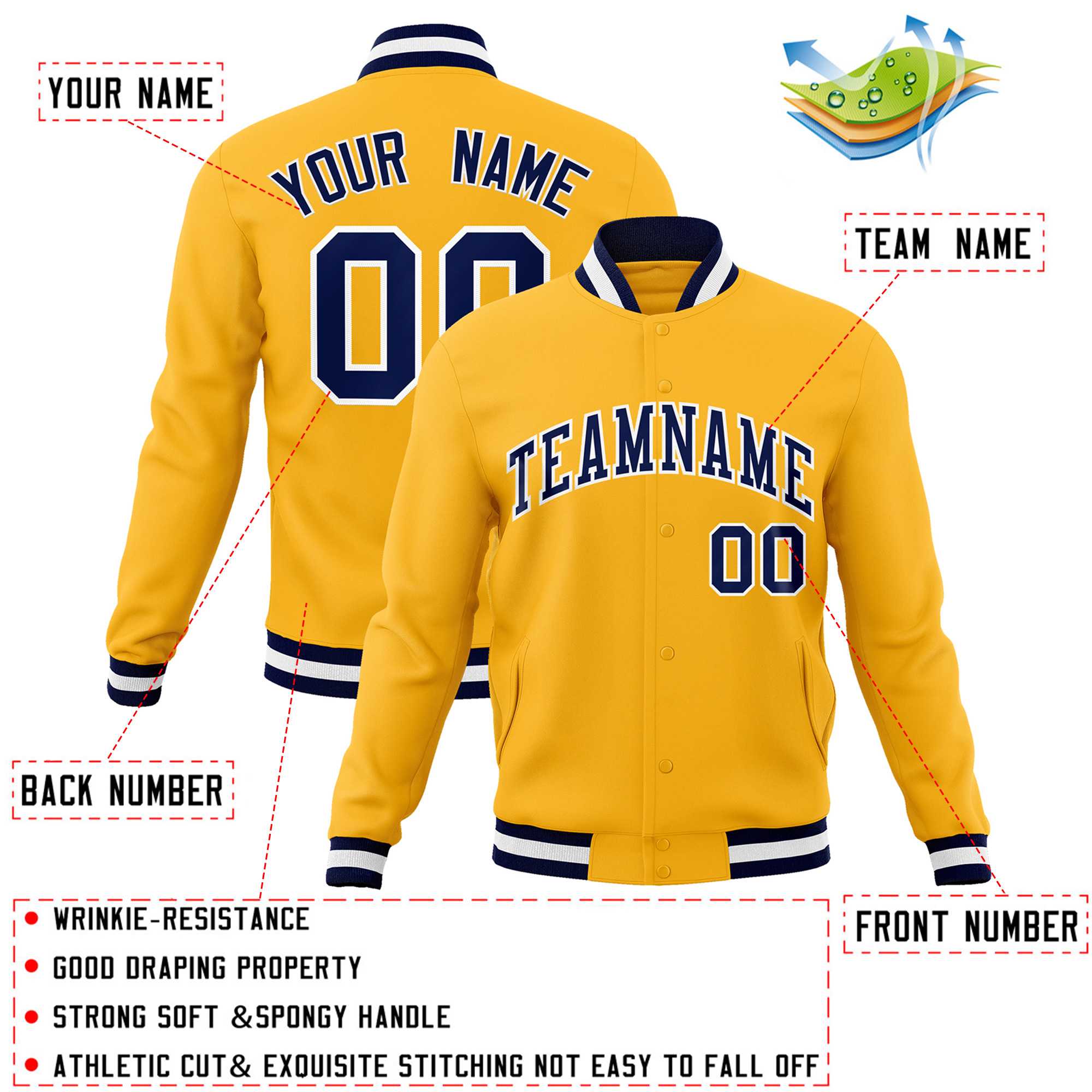 Custom Gold Navy-White Classic Style Varsity Full-Snap Letterman Jacket