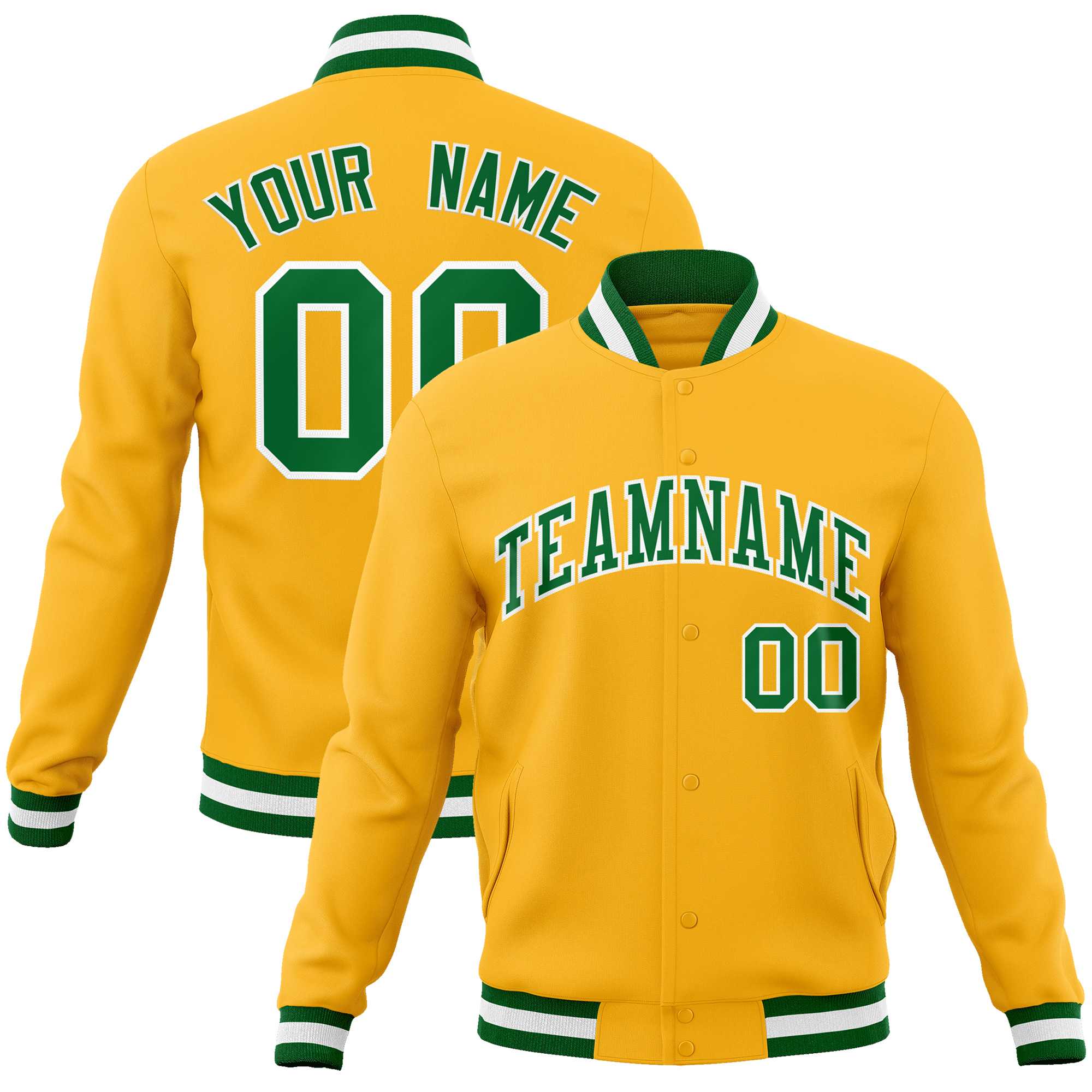 Custom Gold Kelly Green-White Classic Style Varsity Full-Snap Letterman Jacket