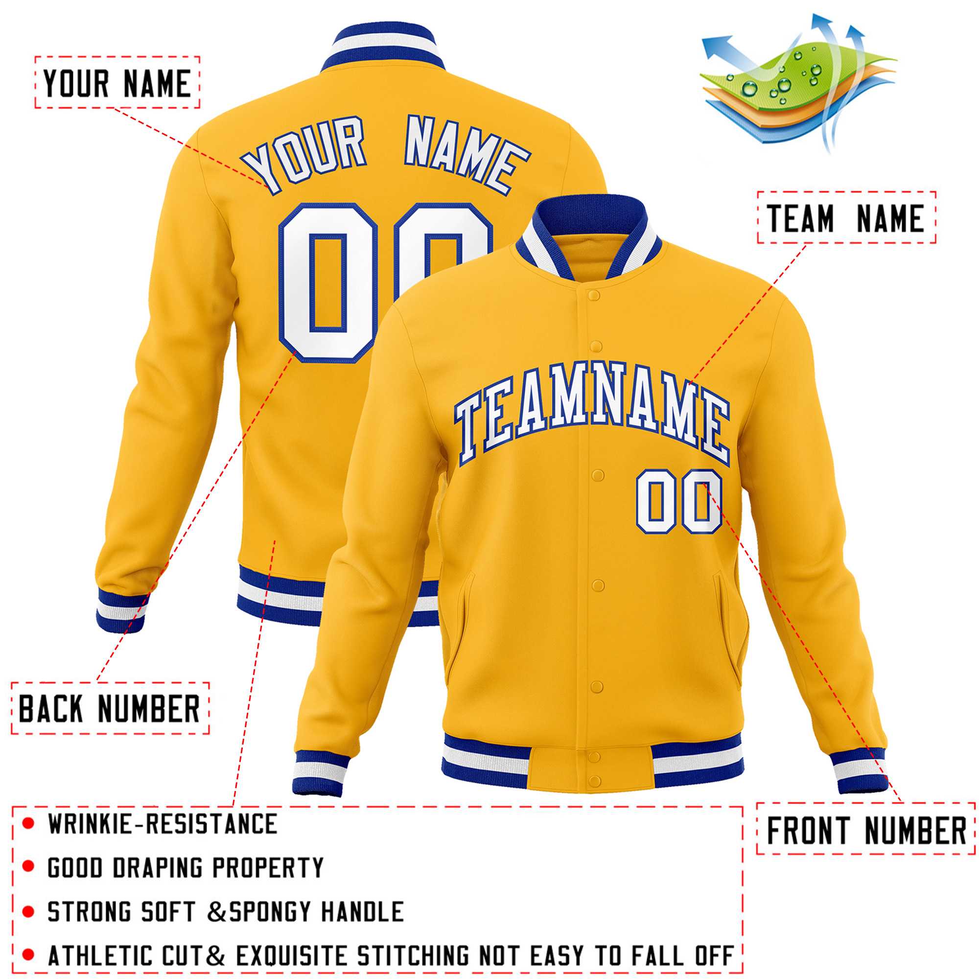 Custom Gold White-Royal Classic Style Varsity Full-Snap Letterman Jacket