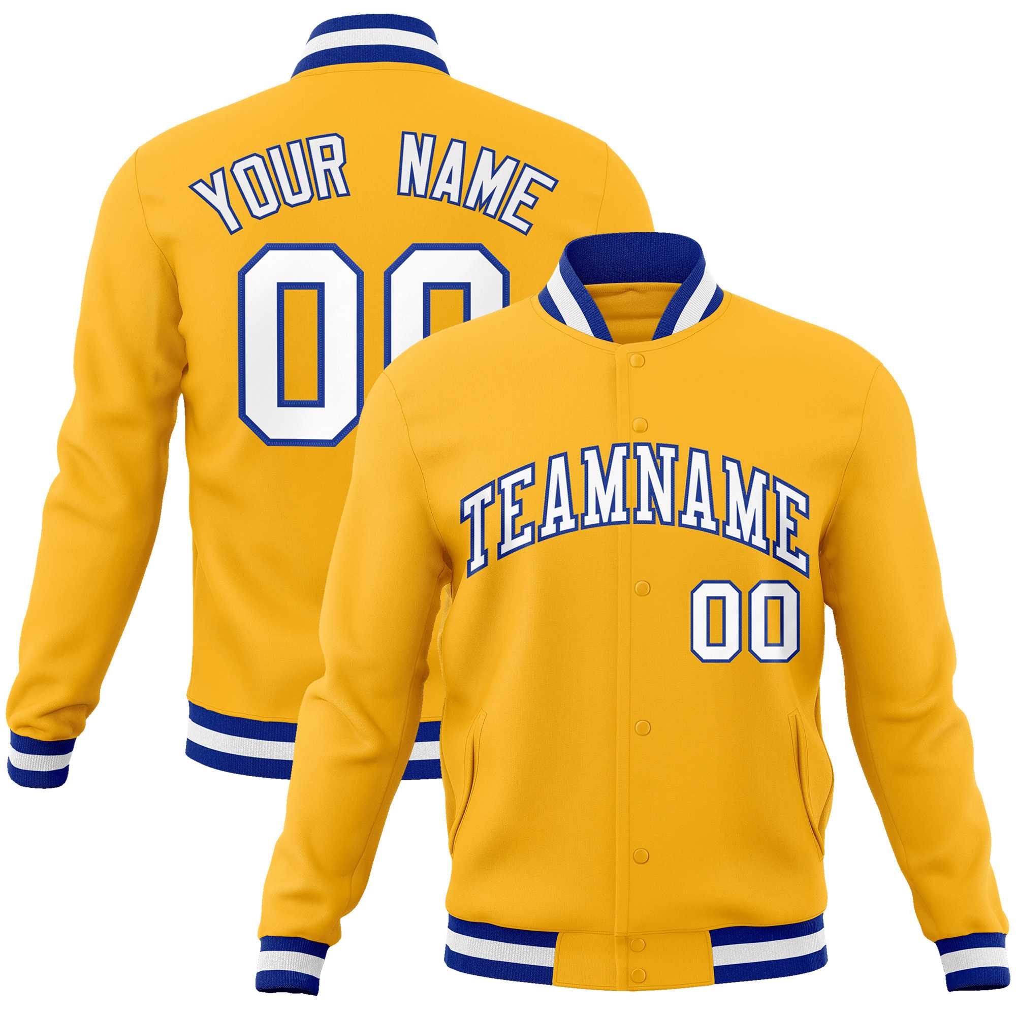 Custom Gold White-Royal Classic Style Varsity Full-Snap Letterman Jacket