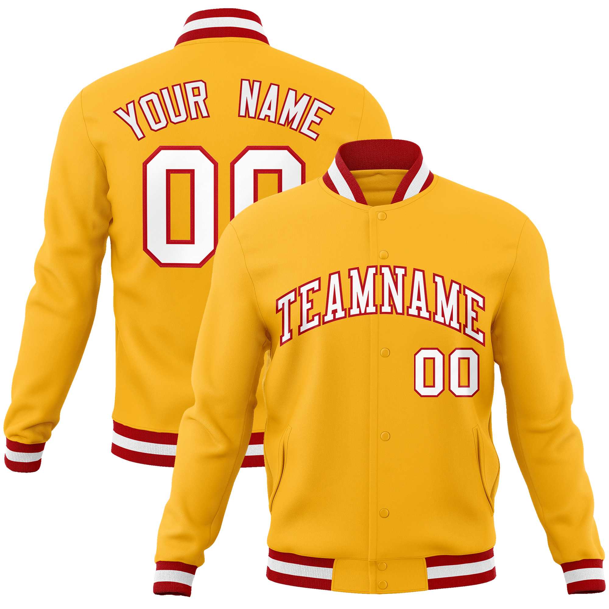 Custom Gold White-Red Classic Style Varsity Full-Snap Letterman Jacket