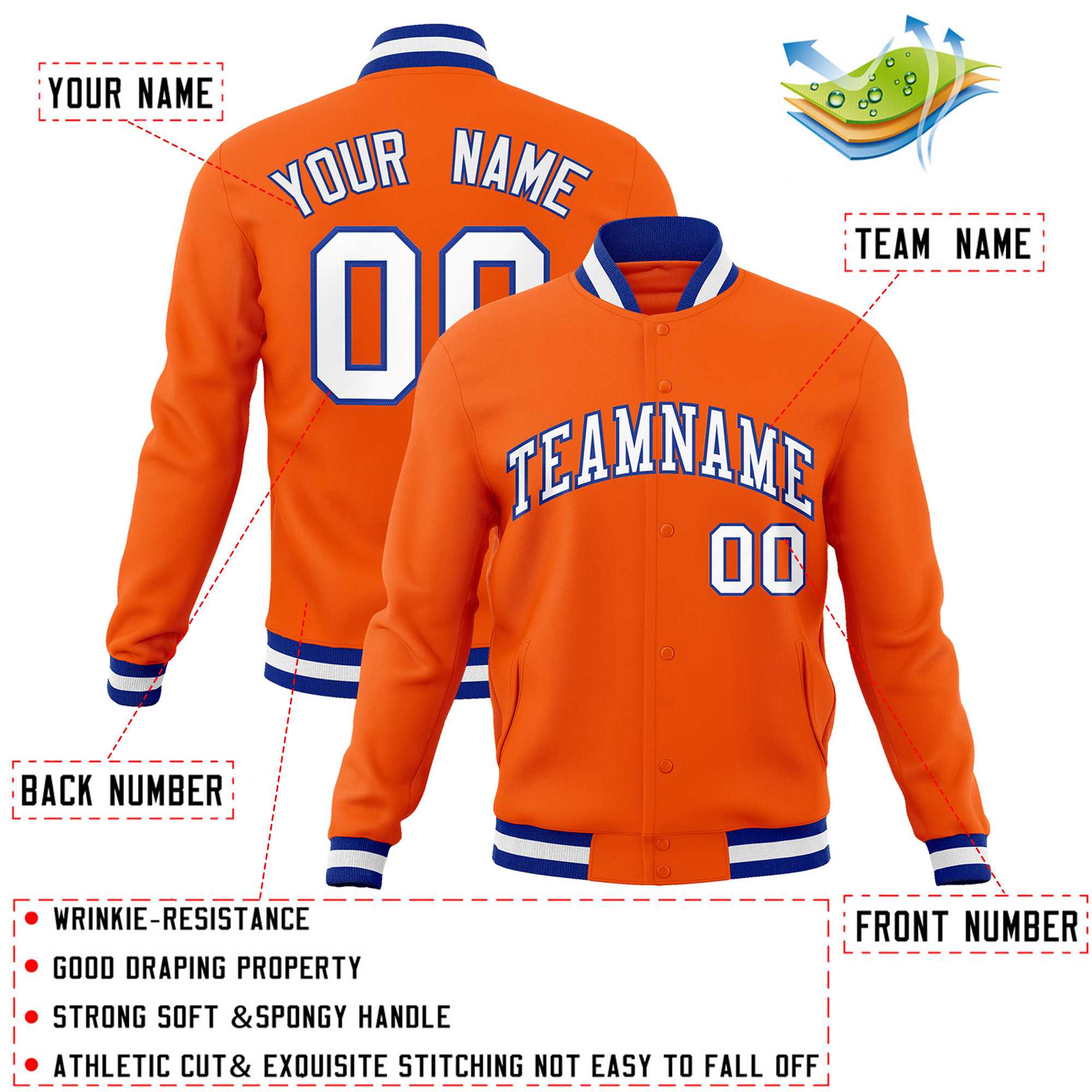 Custom Orange White-Royal Classic Style Varsity Full-Snap Letterman Jacket