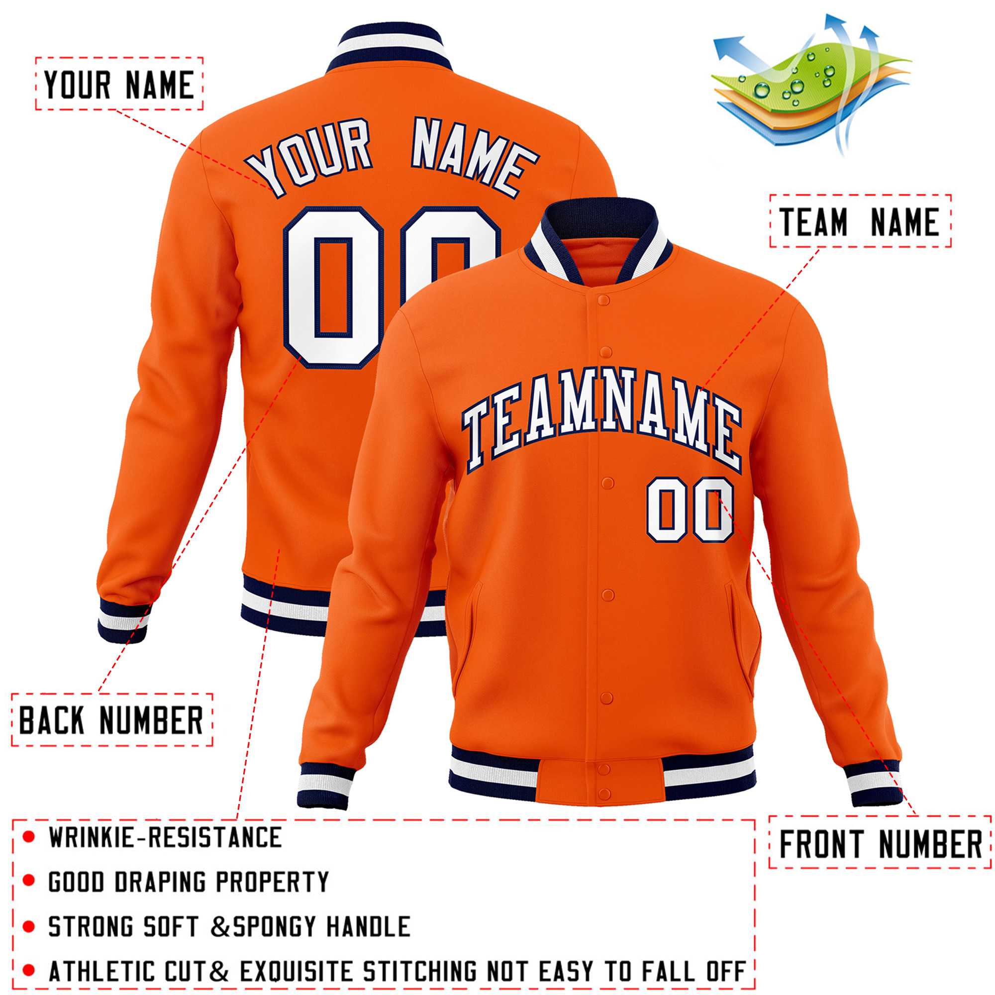 Custom Orange White-Navy Classic Style Varsity Full-Snap Letterman Jacket