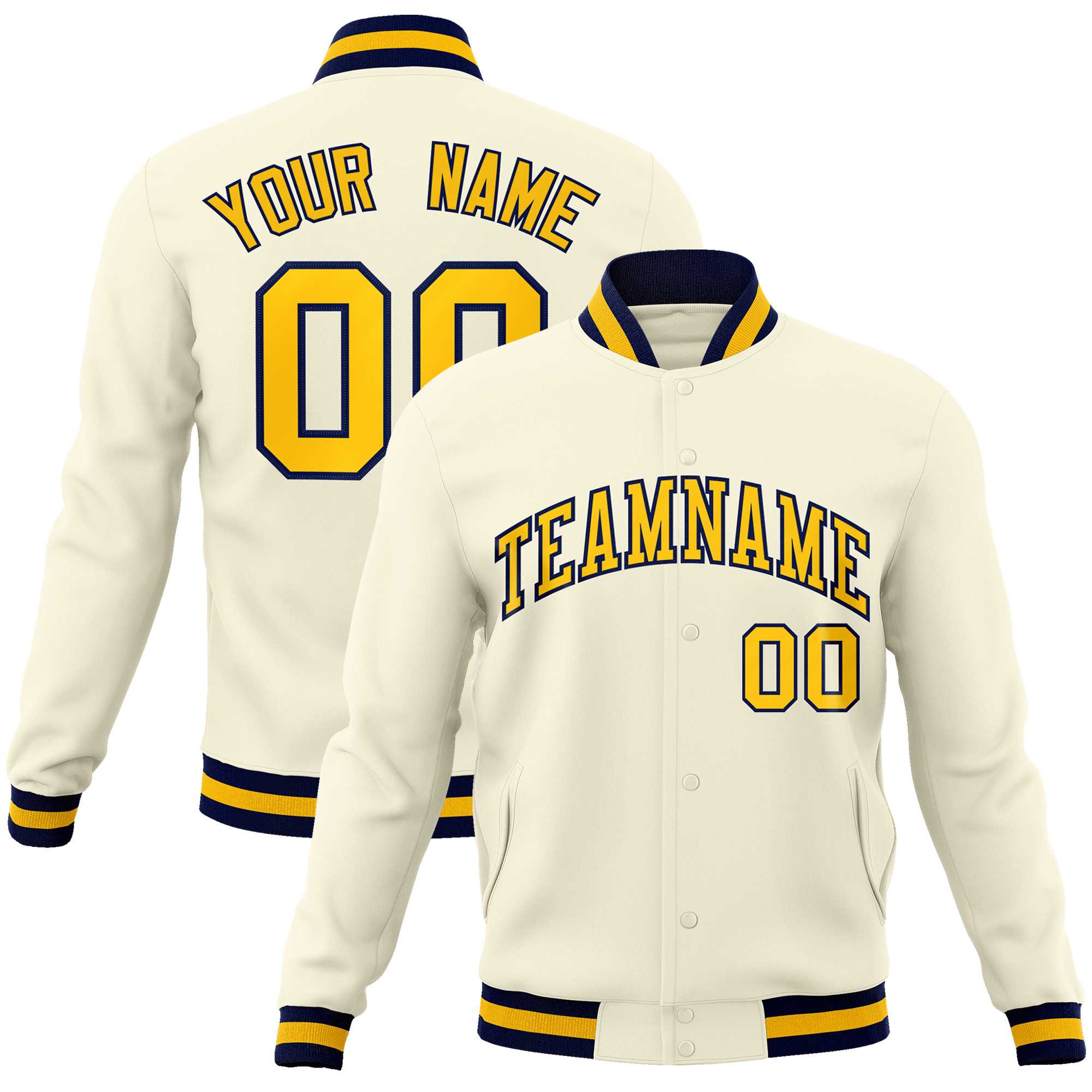 Custom Khaki Gold-Navy Classic Style Varsity Full-Snap Letterman Jacket