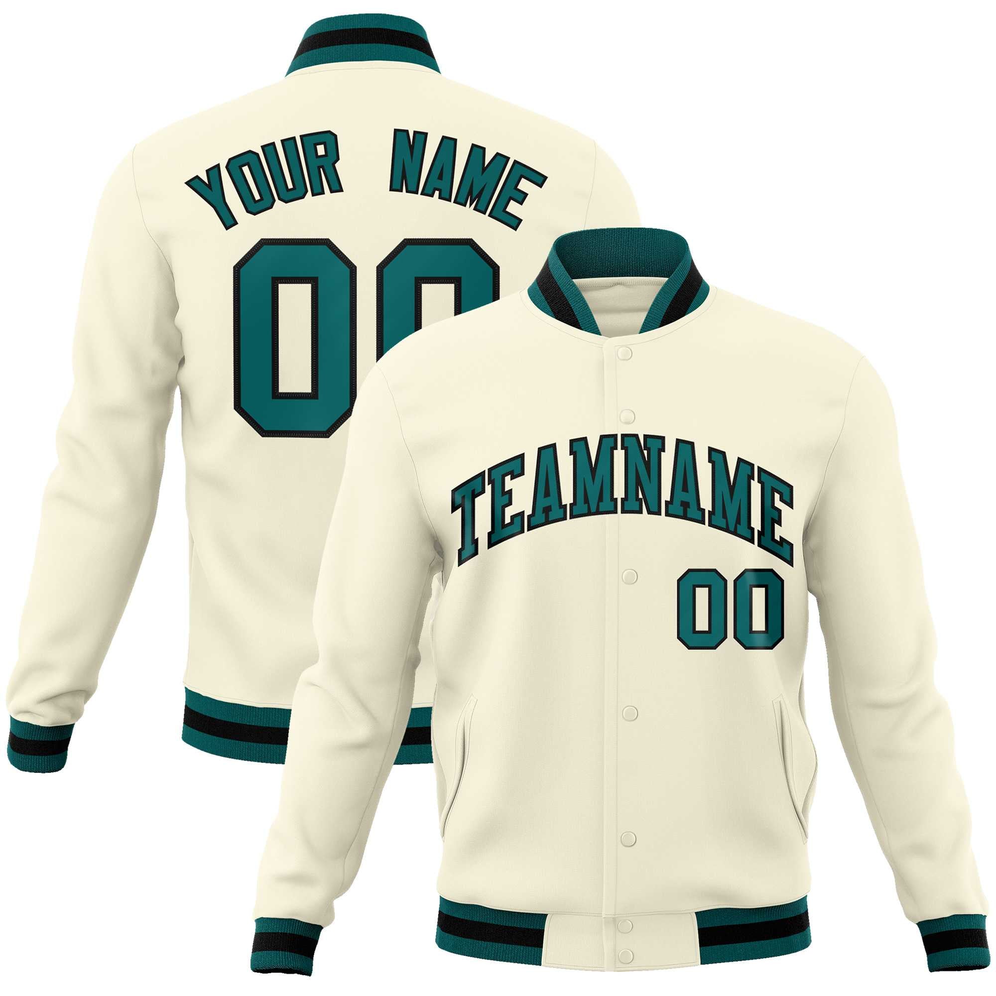 Custom Khaki Aqua-Black Classic Style Varsity Full-Snap Letterman Jacket