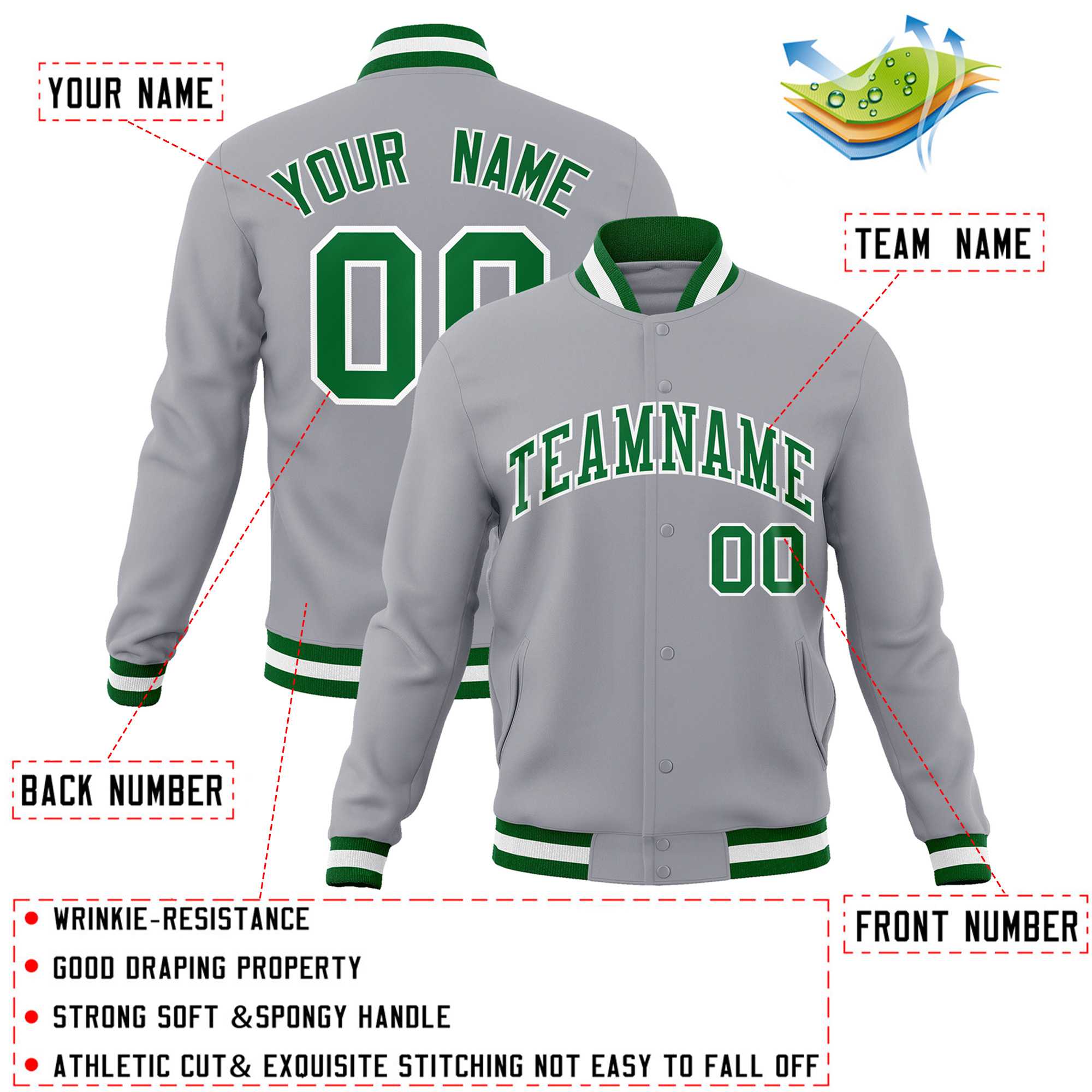 Custom Gray Kelly Green-White Classic Style Varsity Full-Snap Letterman Jacket